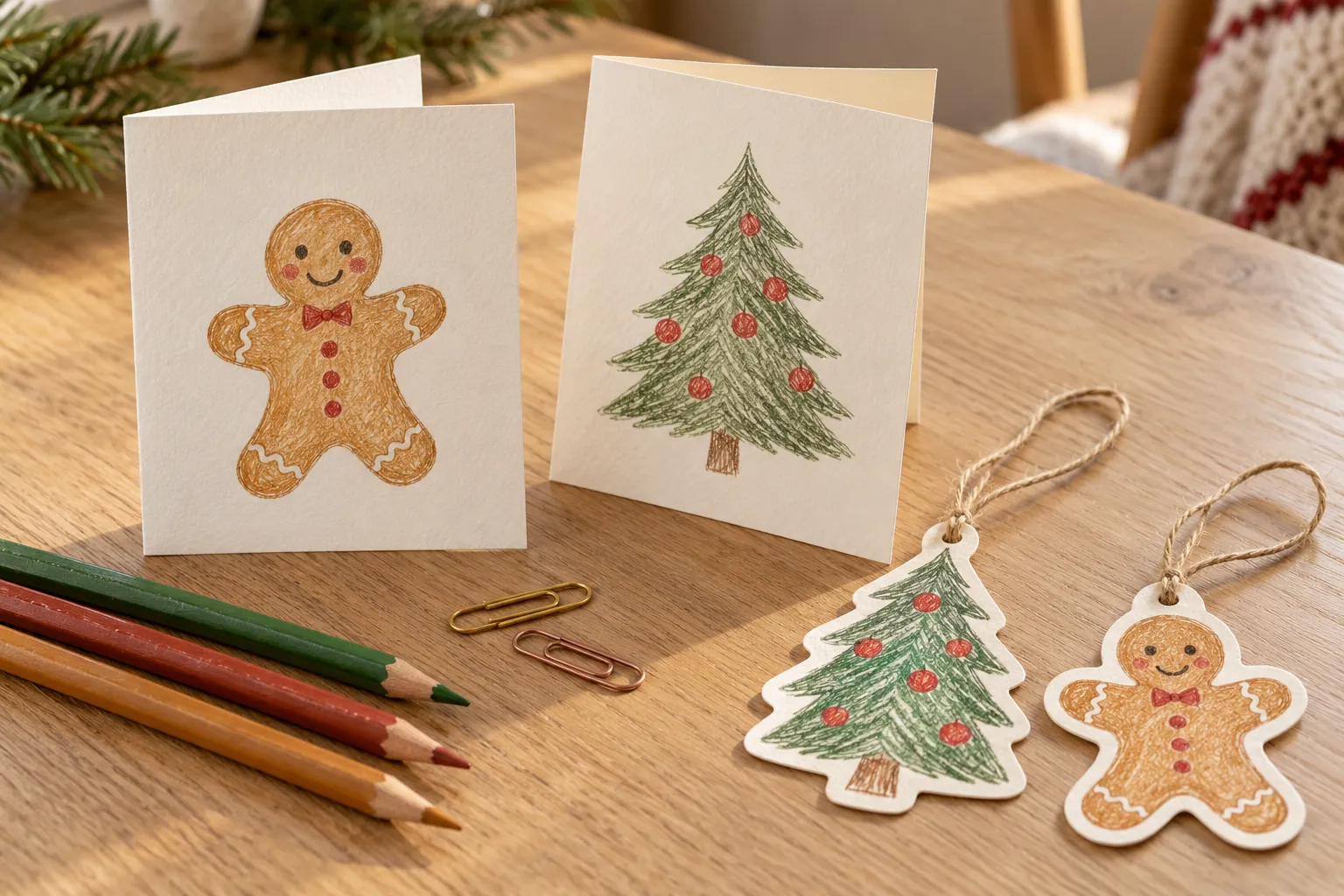 Colored gingerbread and Christmas tree designs on folded cards and small paper tags