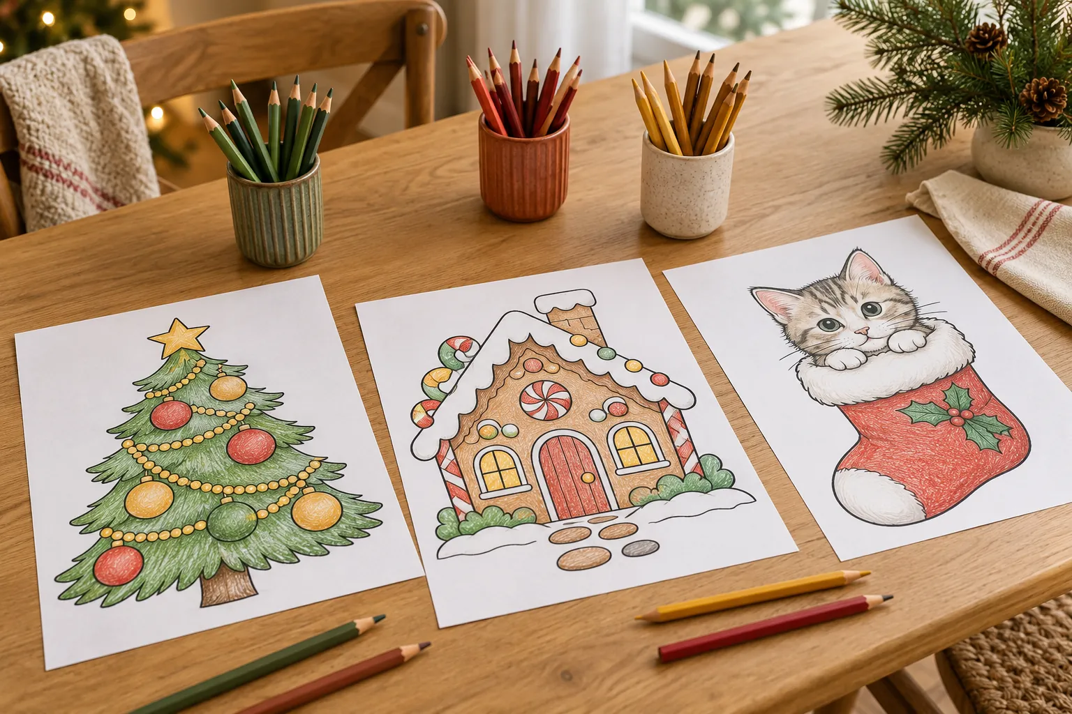 Christmas tree, gingerbread house and stocking kitten pictures beside three cups of colored pencils