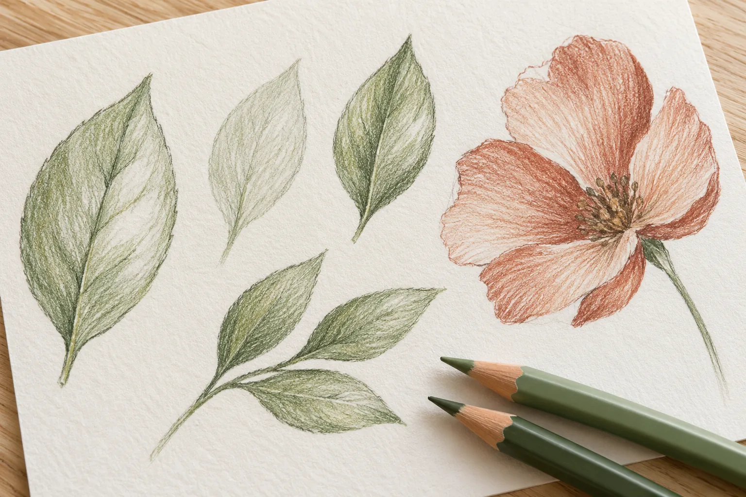Light and deeper colored pencil layers on green leaves and a terracotta flower, with paper showing through