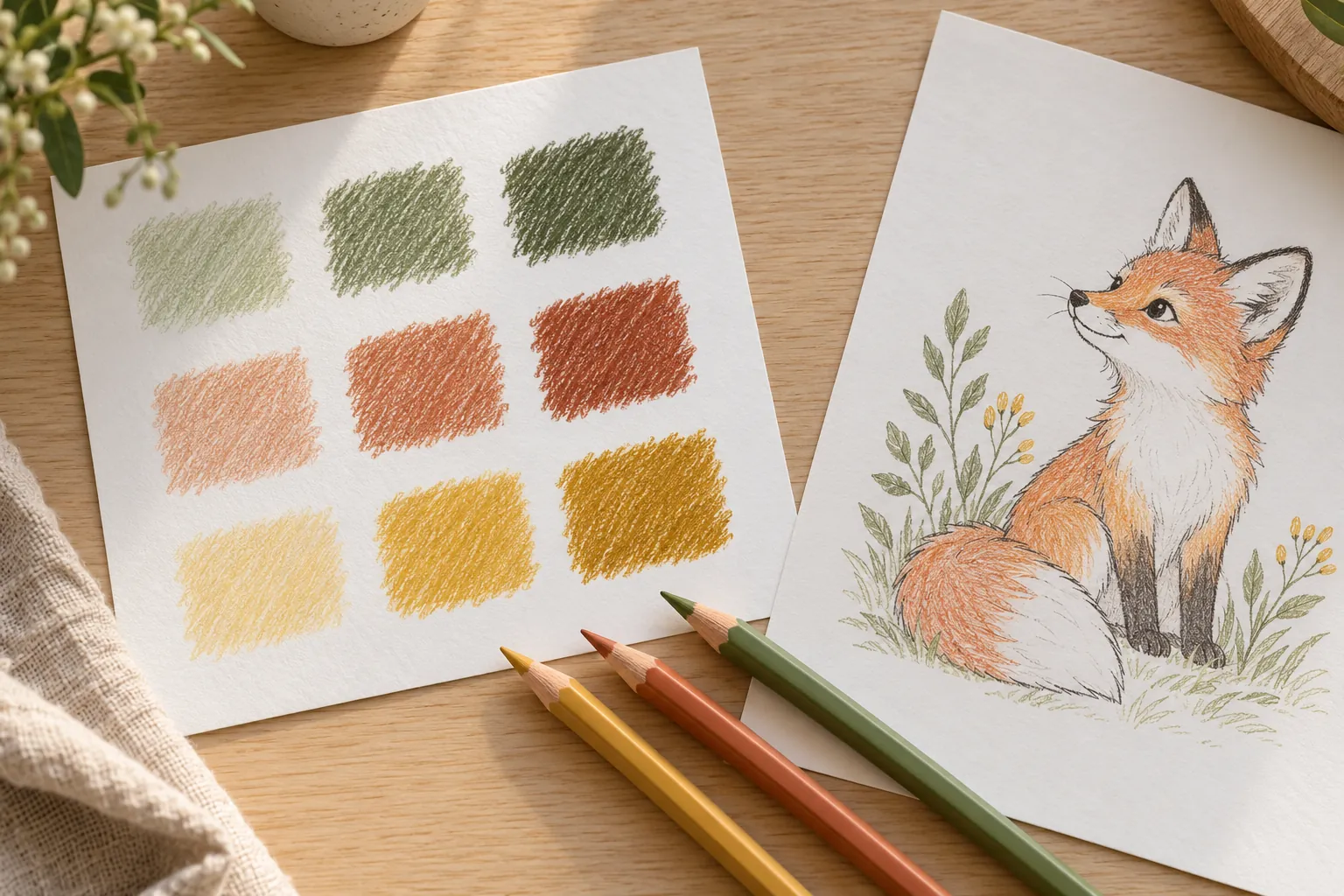 Sage, terracotta and honey pencil swatches beside a partly colored woodland fox