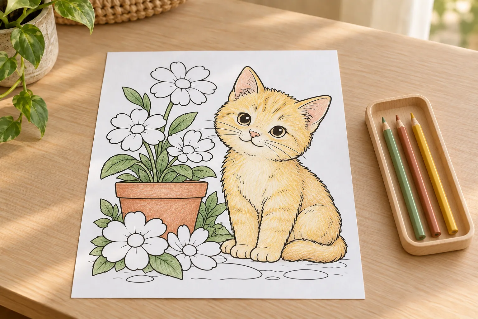 The kitten and flower-pot picture partly colored beside a wooden tray holding three pencils