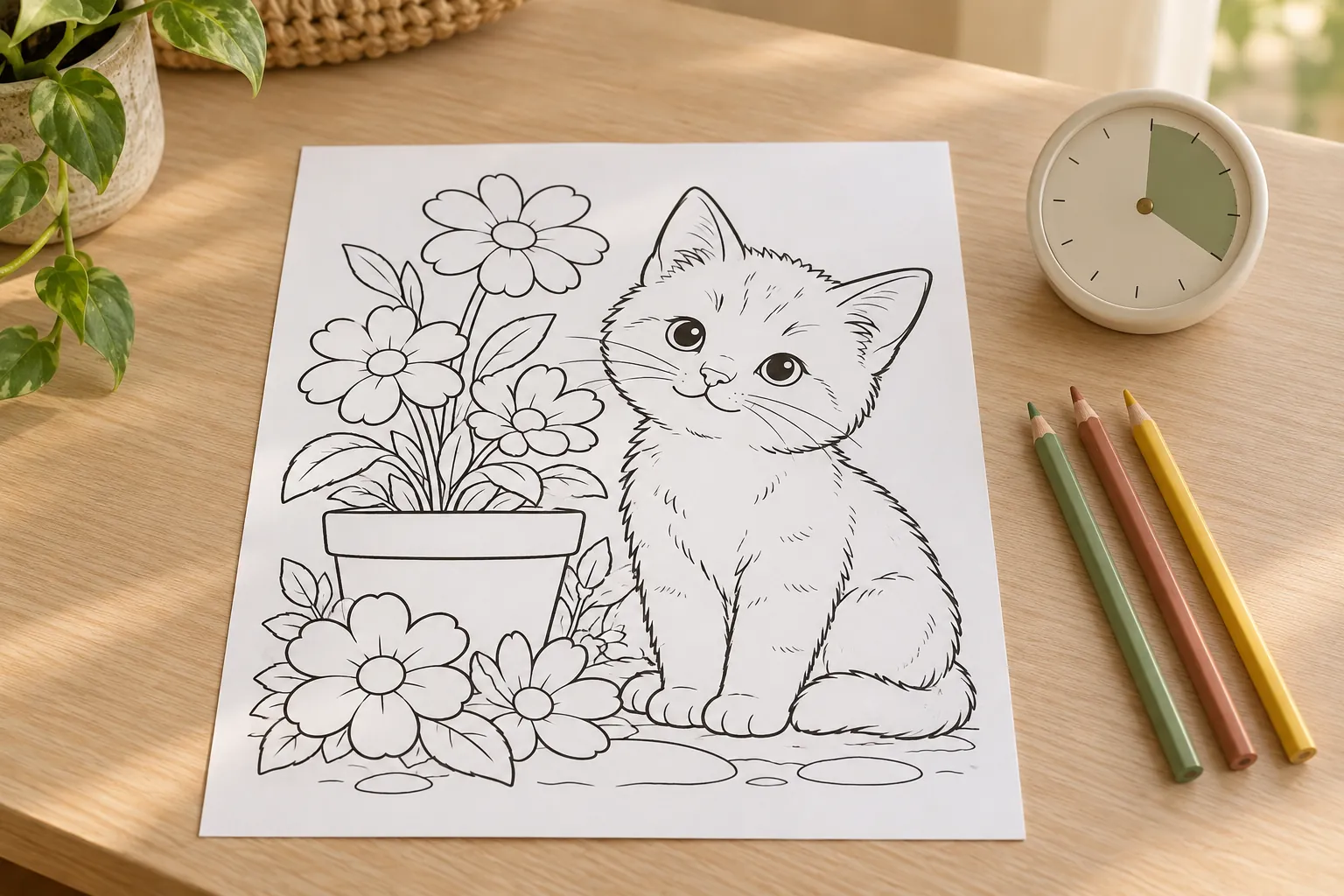 A kitten and flower-pot outline, three colored pencils and a small clock on a clear table