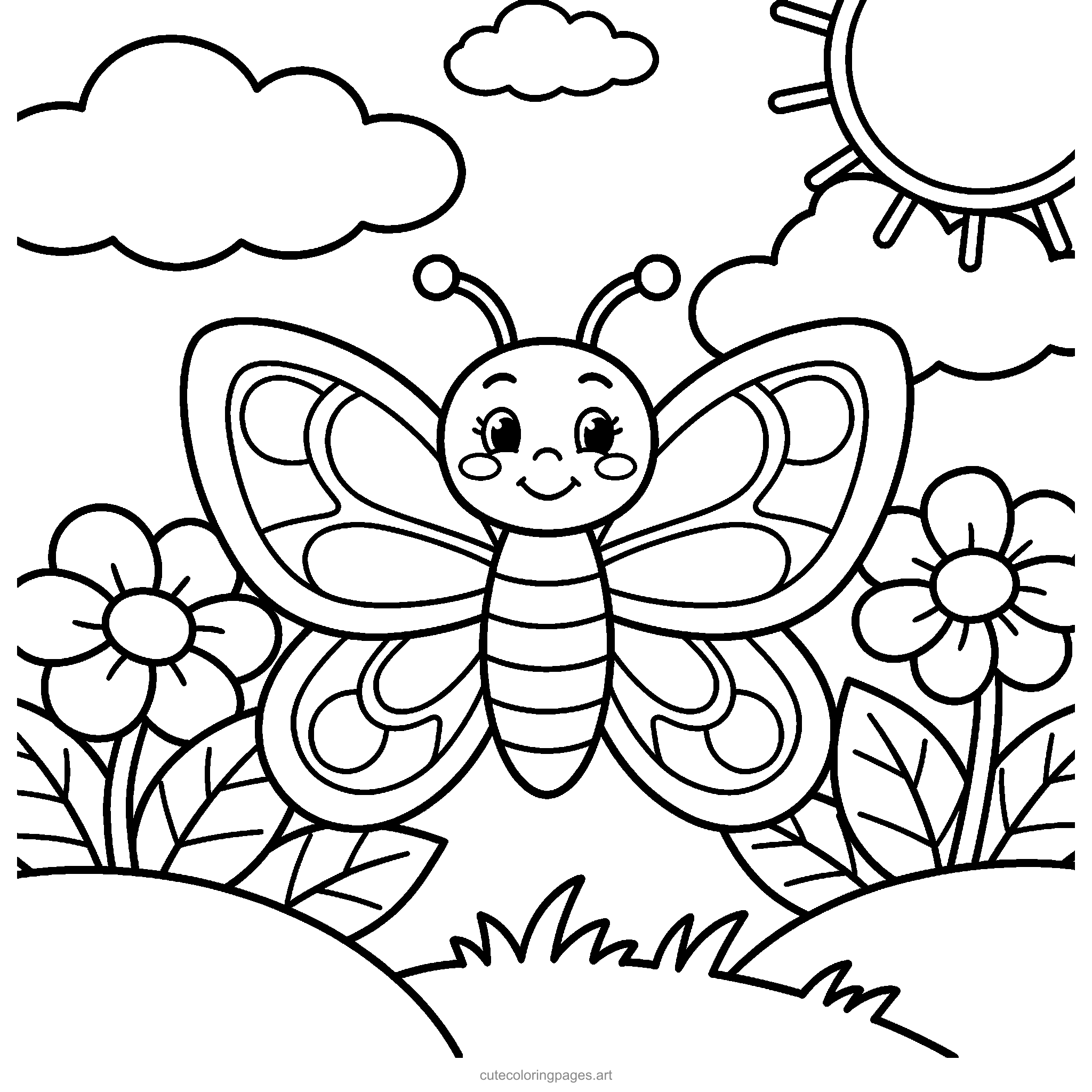 Big patterned wings and a cheerful smile, ready for your favorite colors. Black and white coloring page.