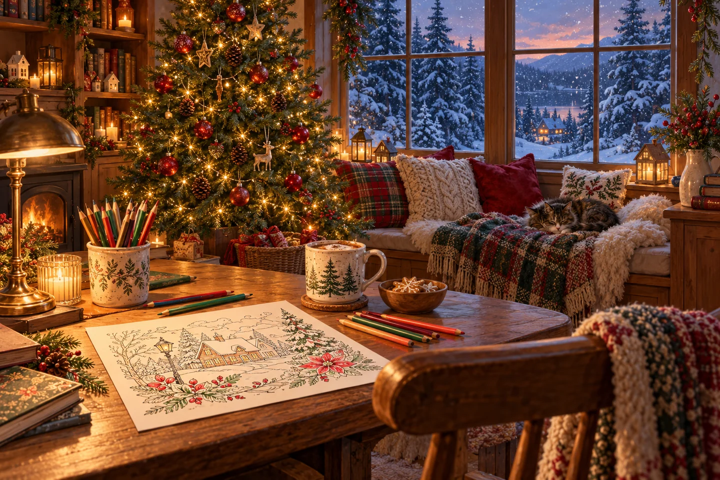 A warm Christmas coloring desk with pencils, a glowing tree, a ceramic mug and a snowy forest window beside a resting cat.
