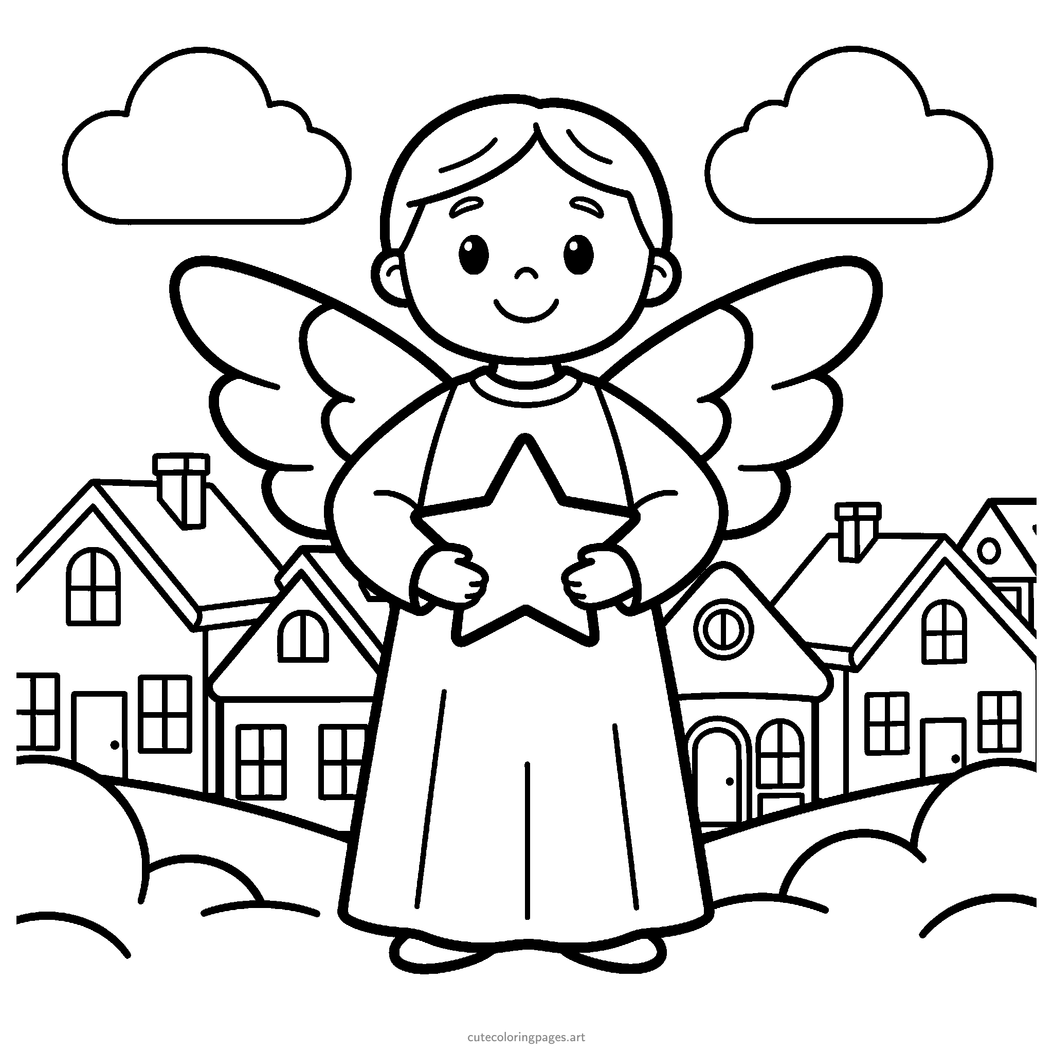 A Christmas angel holds a large star above snowy village rooftops. Black and white coloring page.