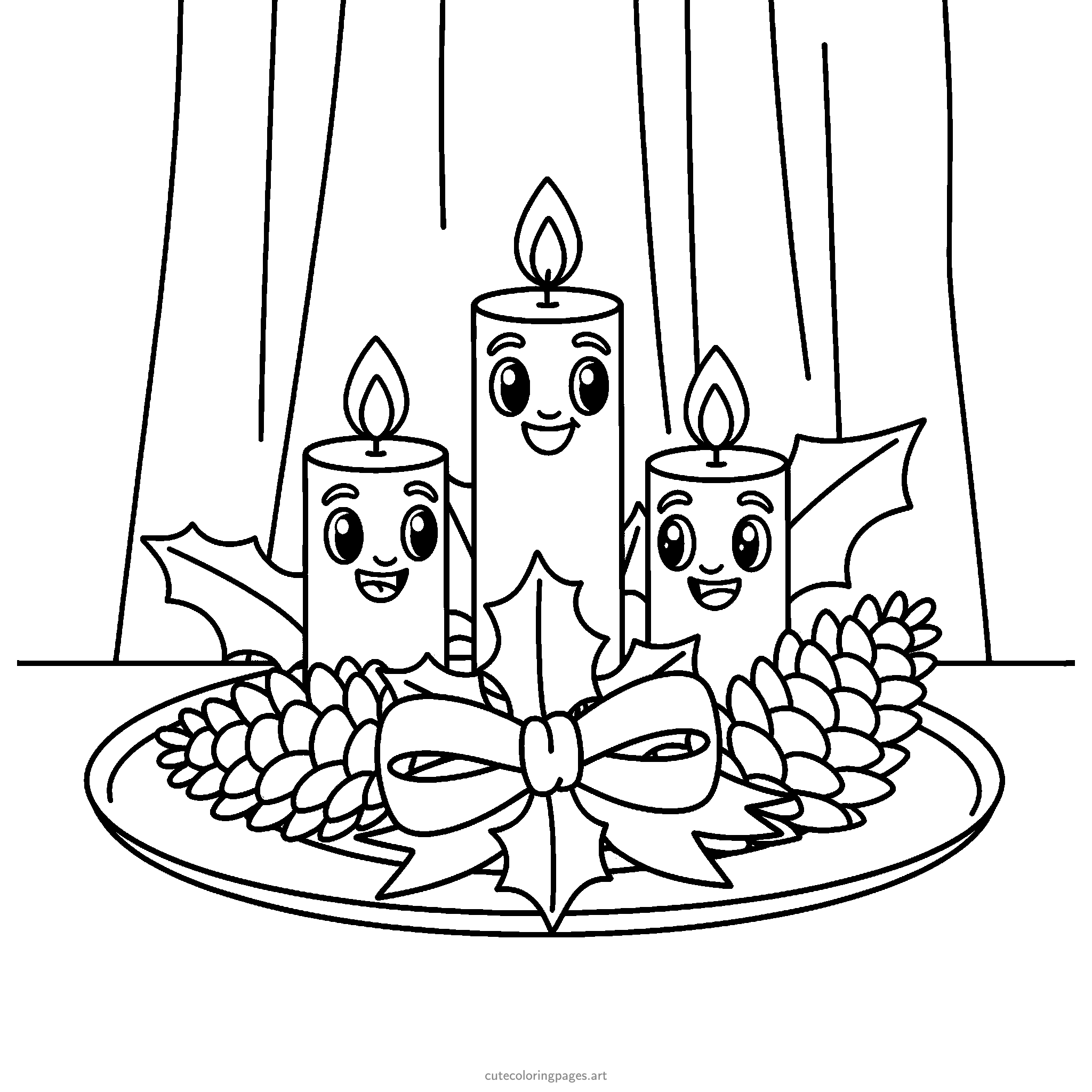 Three smiling candles stand on an oval tray with pine cones, holly leaves and a ribbon bow. Black and white coloring page.