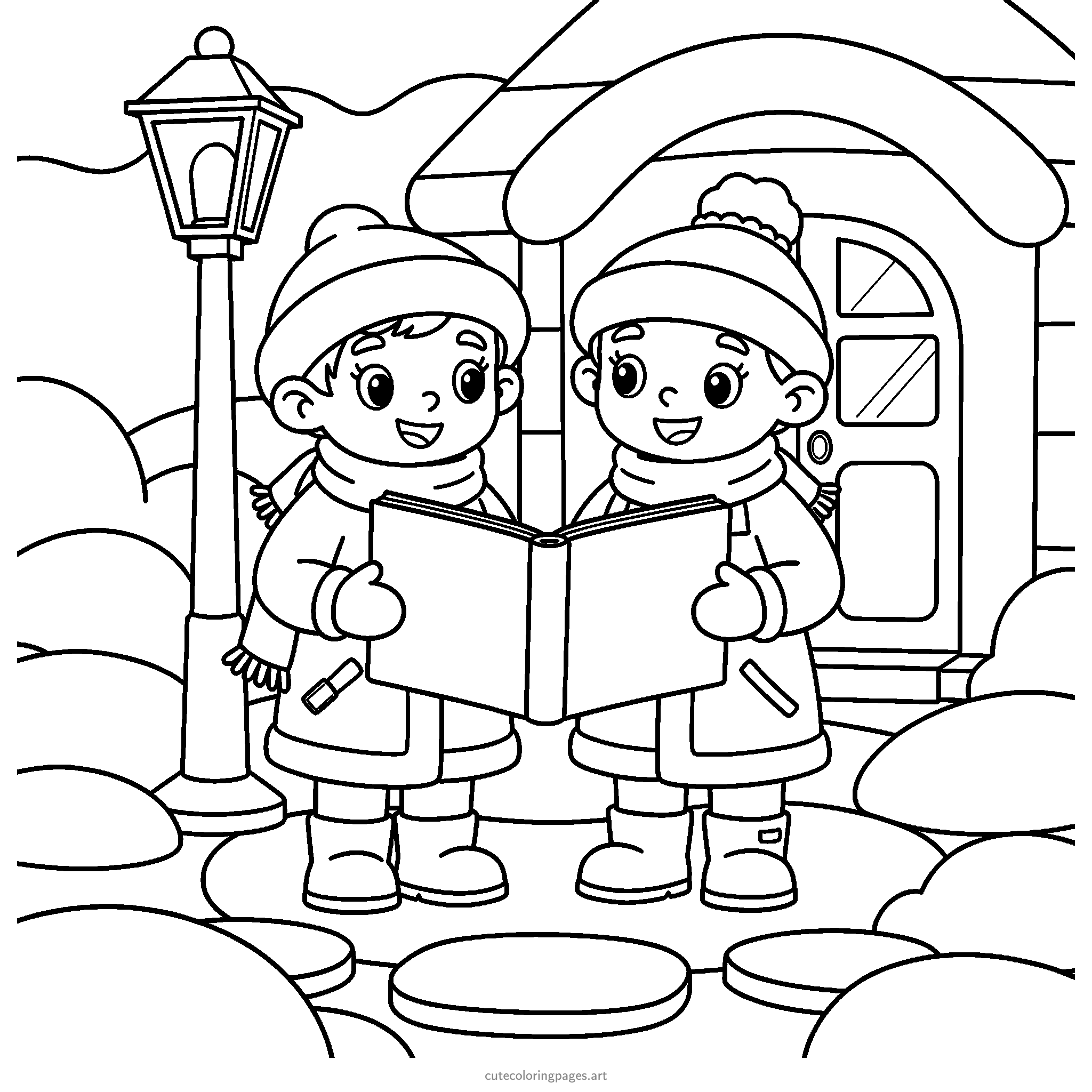 Two children in winter coats share a songbook beside a lamppost. Black and white coloring page.