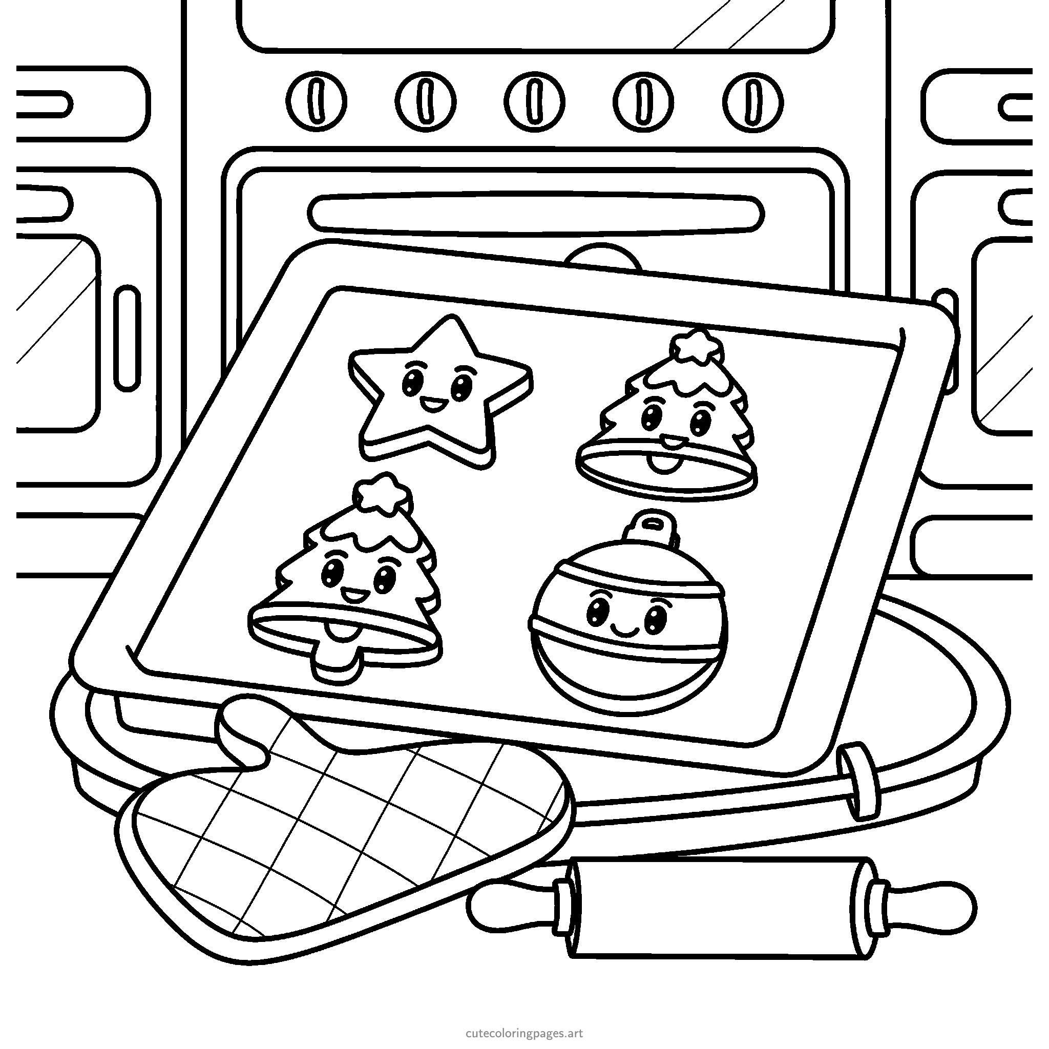 A baking tray holds smiling star, tree, bell and bauble cookies beside a rolling pin and oven mitten. Black and white coloring page.