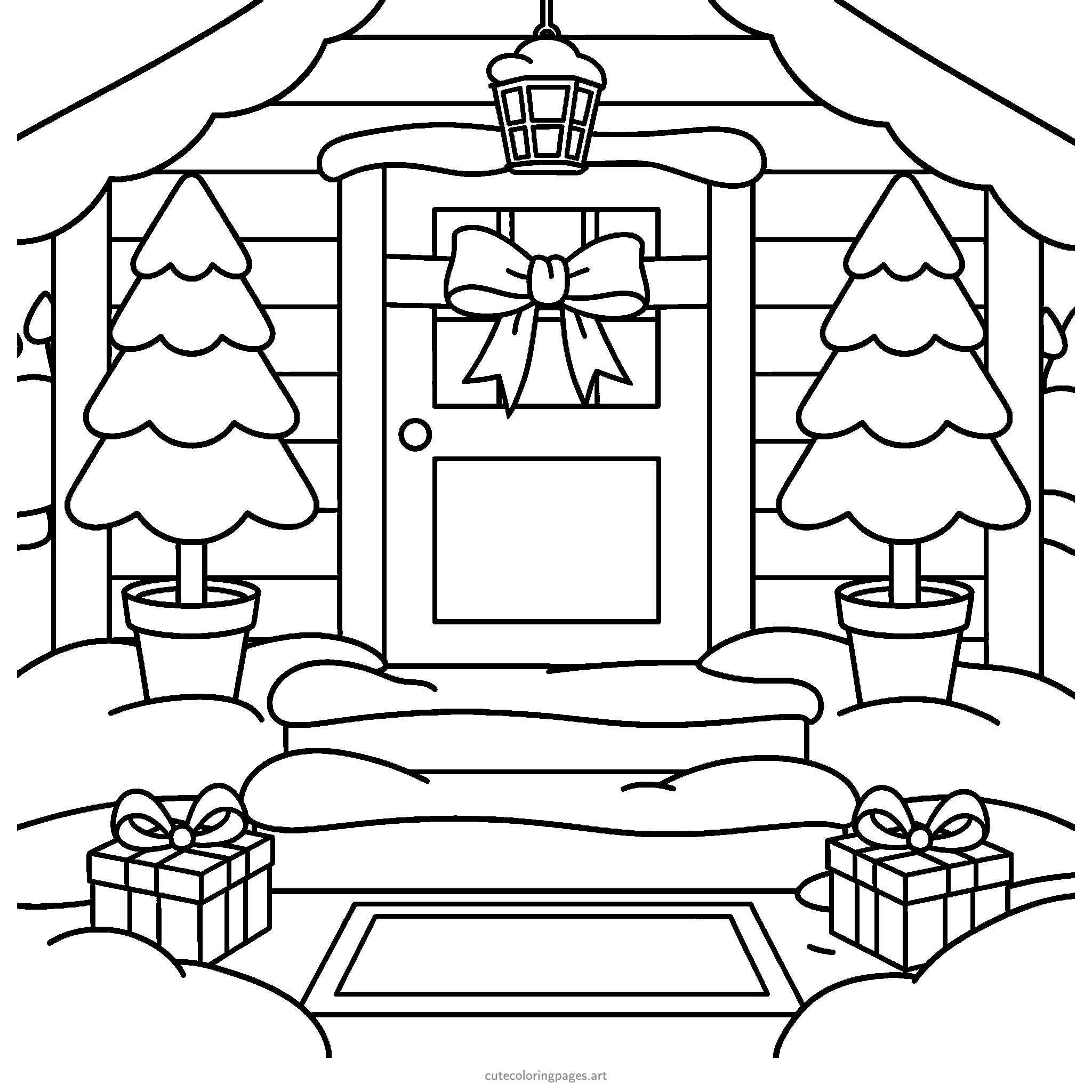 A cottage door with a large bow stands between fir planters above snowy steps and gifts. Black and white coloring page.
