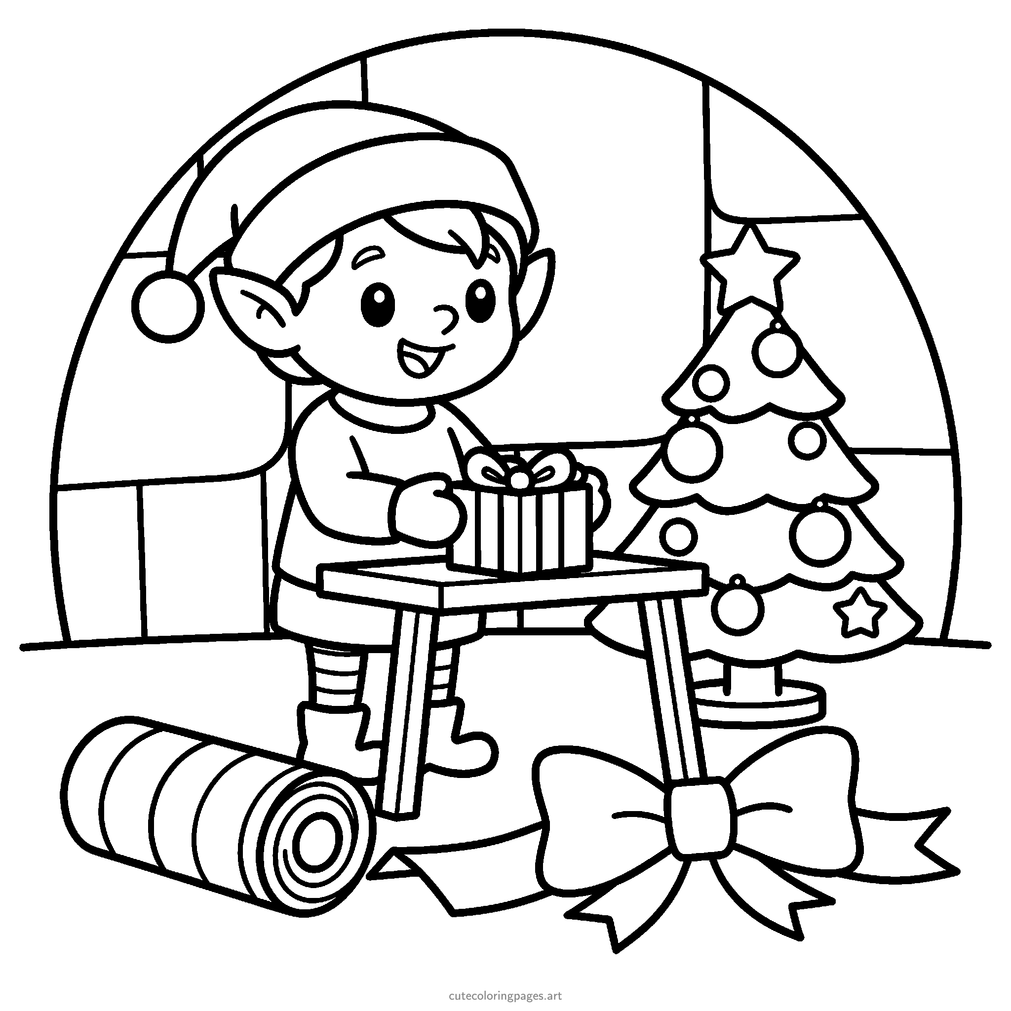 A Christmas elf wraps a gift at a small workbench beside a decorated tree. Black and white coloring page.