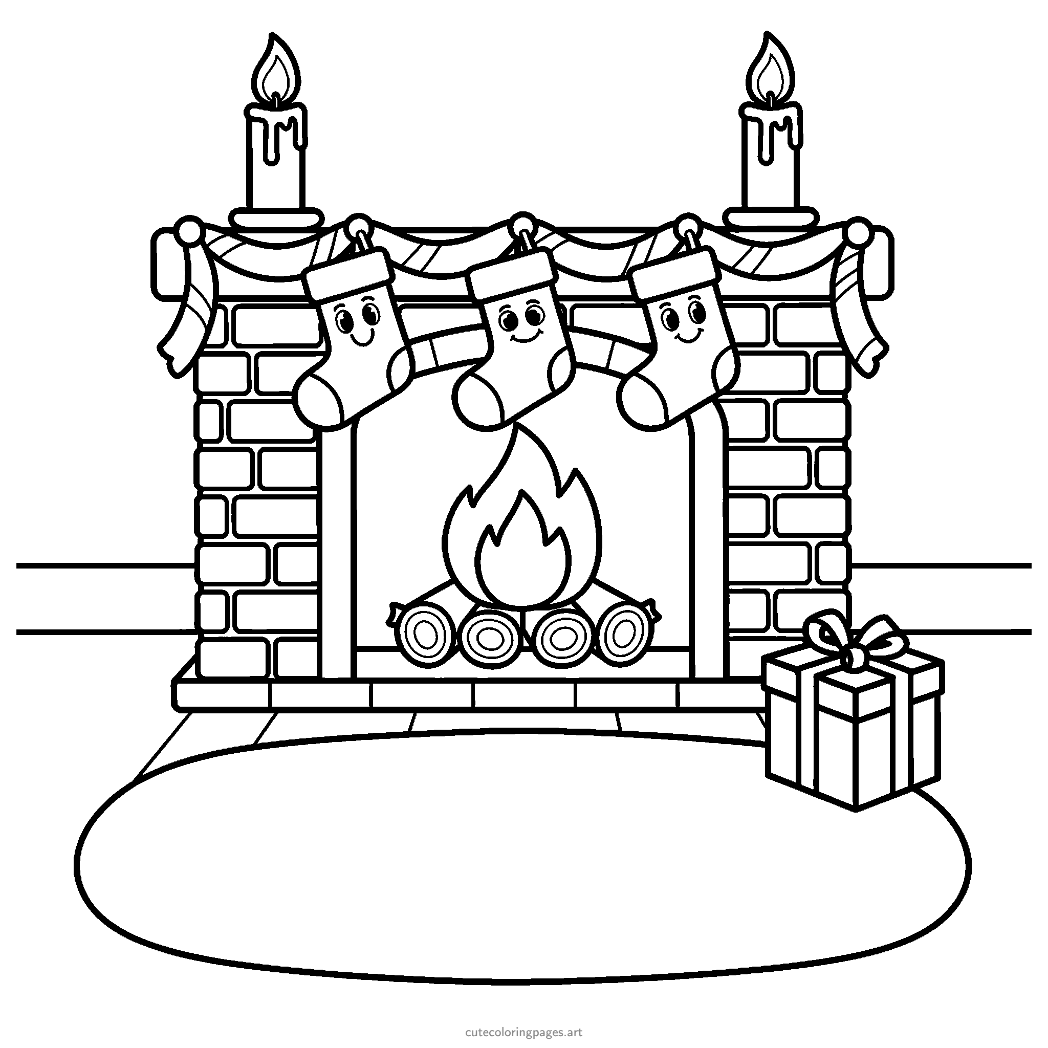 Three smiling stockings hang above a fireplace with candles, logs and a gift. Black and white coloring page.