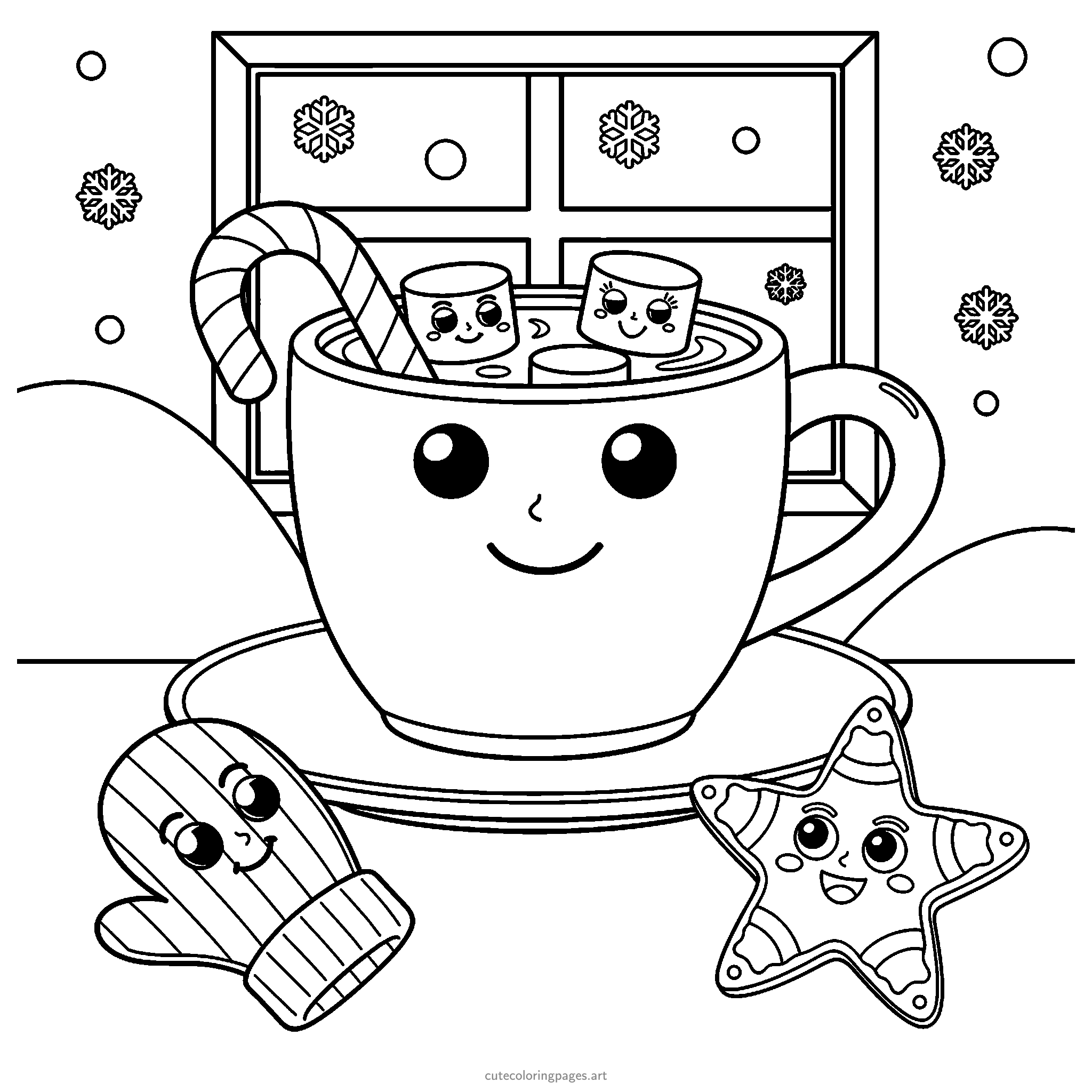 A large smiling mug with three marshmallows and a candy cane sits beside a mitten and star biscuit, with a snowy window behind. Black and white coloring page.