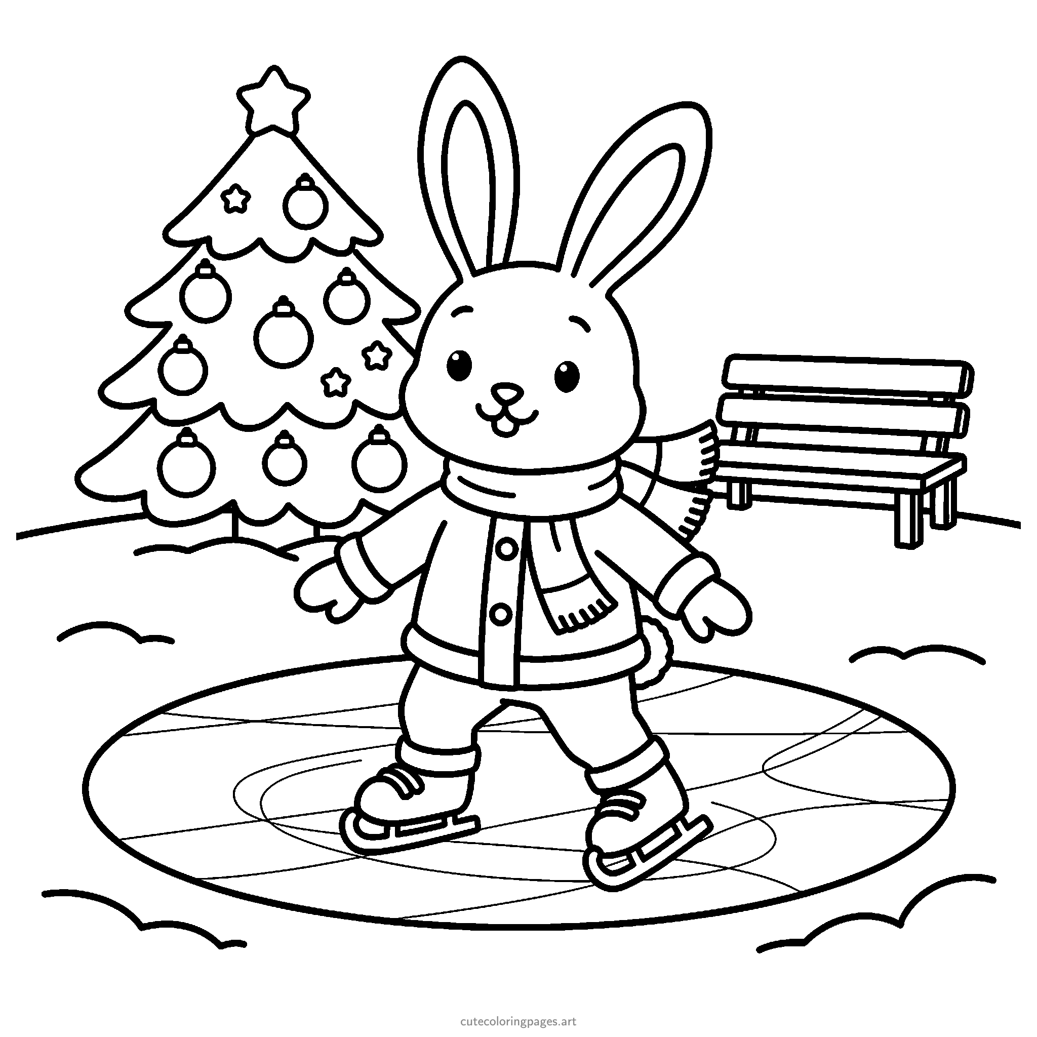 A bunny in a coat and scarf skates on a pond beside a decorated fir tree. Black and white coloring page.