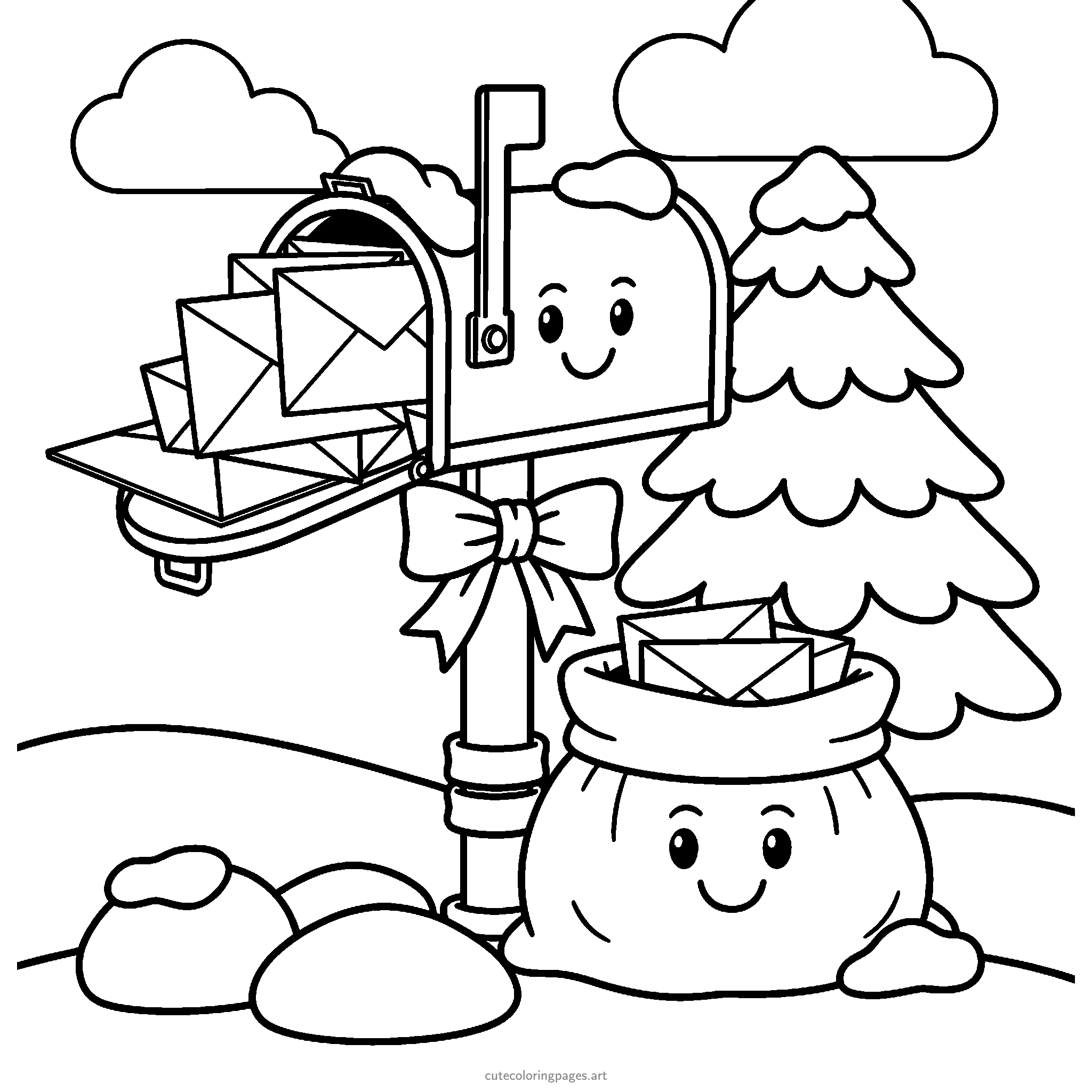 A ribbon-decorated mailbox holds smiling letters beside a mail sack and a snowy fir tree. Black and white coloring page.