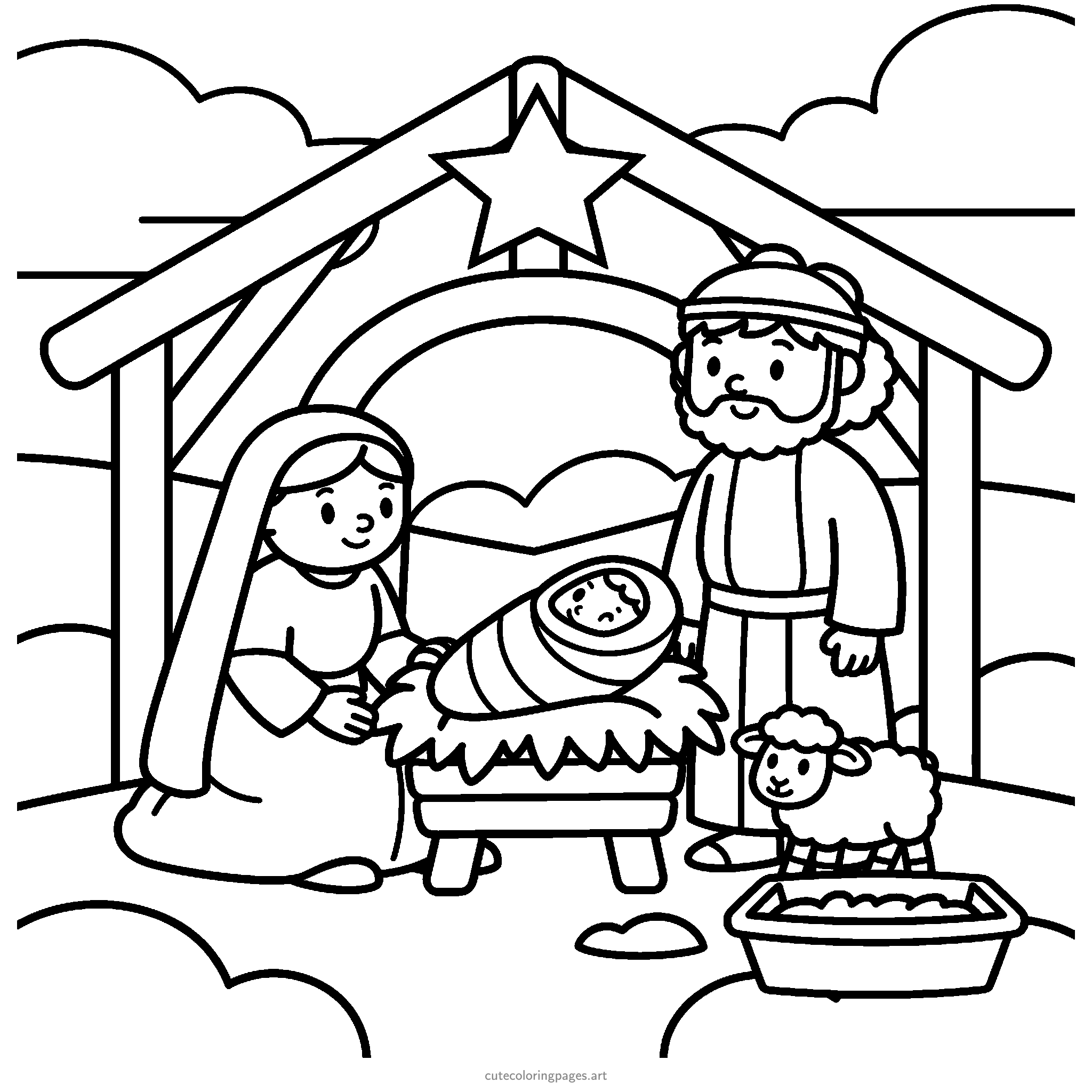 Mary kneels and Joseph stands beside a baby in a manger inside a simple stable with a sheep and a star above. Black and white coloring page.