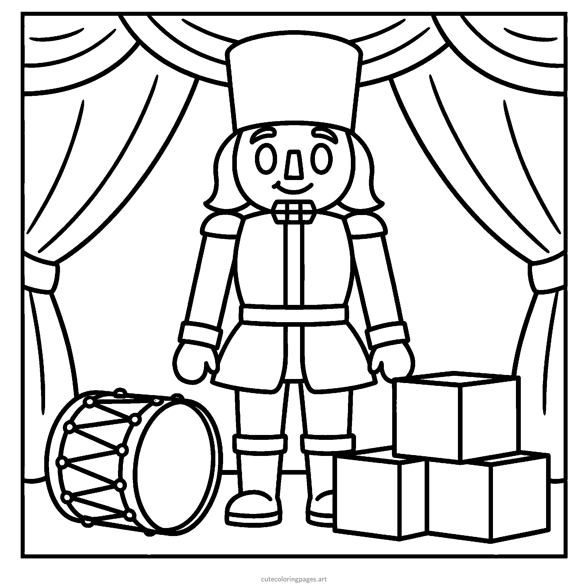 A friendly nutcracker toy stands beside a drum and toy blocks. Black and white coloring page.