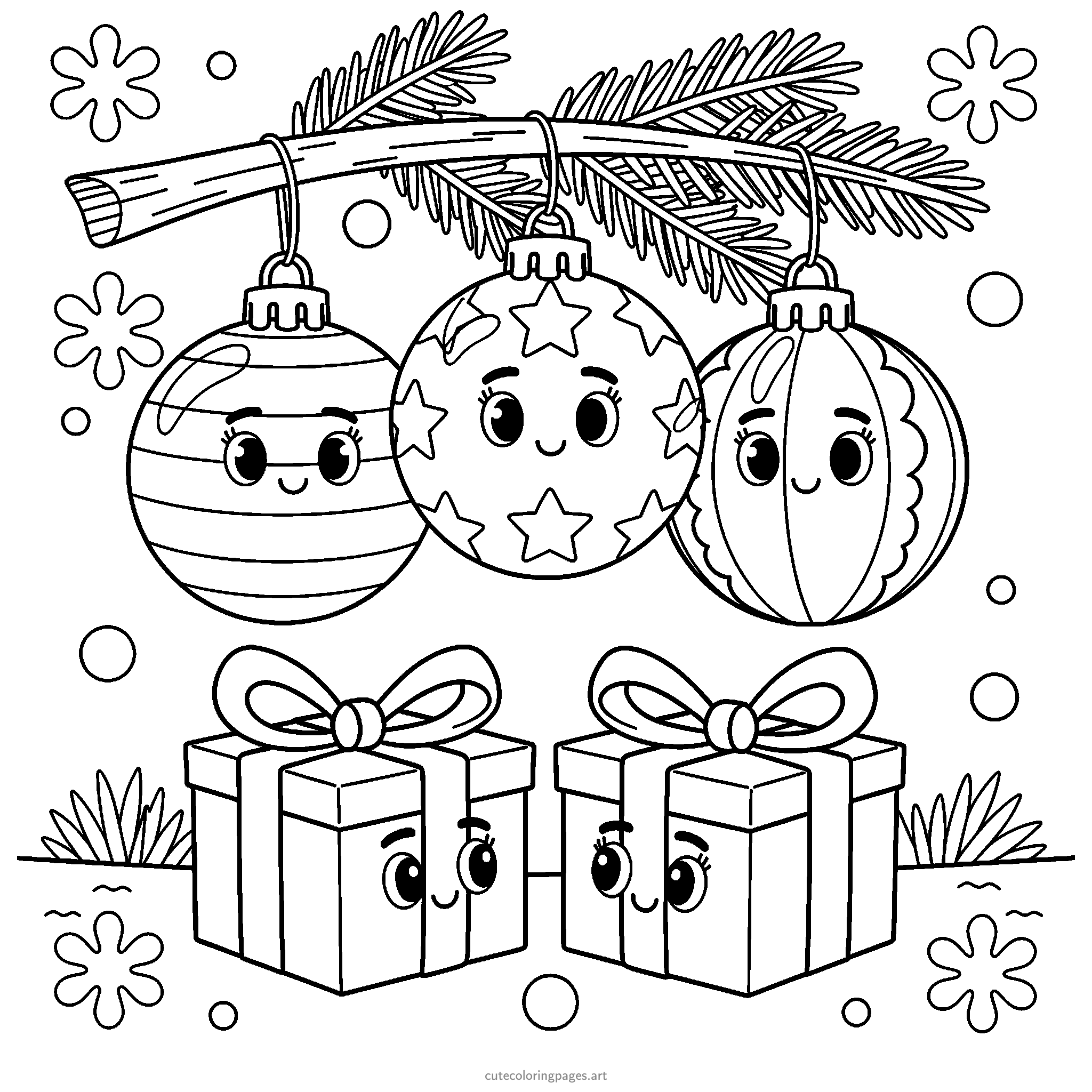 Three smiling Christmas baubles with star, stripe and wavy patterns hang from a fir branch above two smiling gifts. Black and white coloring page.