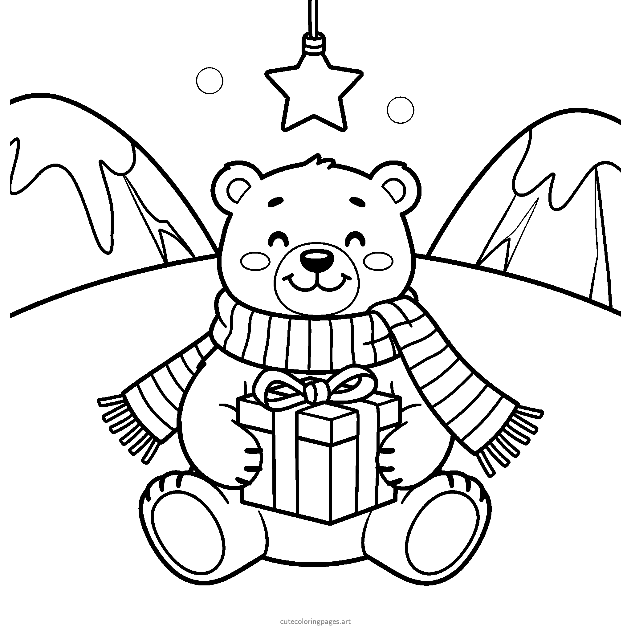A polar bear cub in a scarf holds a Christmas gift on the snow. Black and white coloring page.