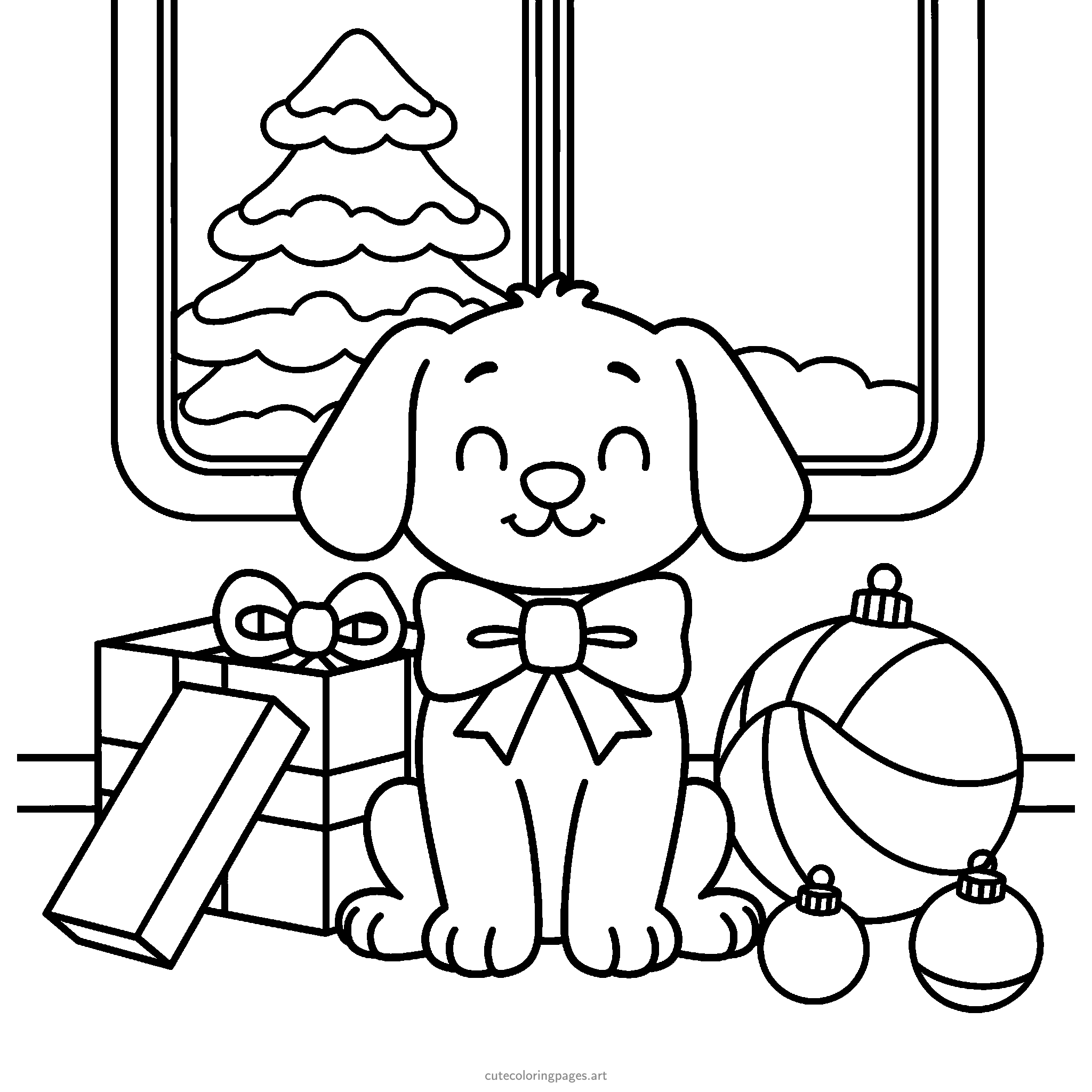 A puppy wearing a large festive bow sits beside an open gift box and three balls, with a snowy window behind. Black and white coloring page.