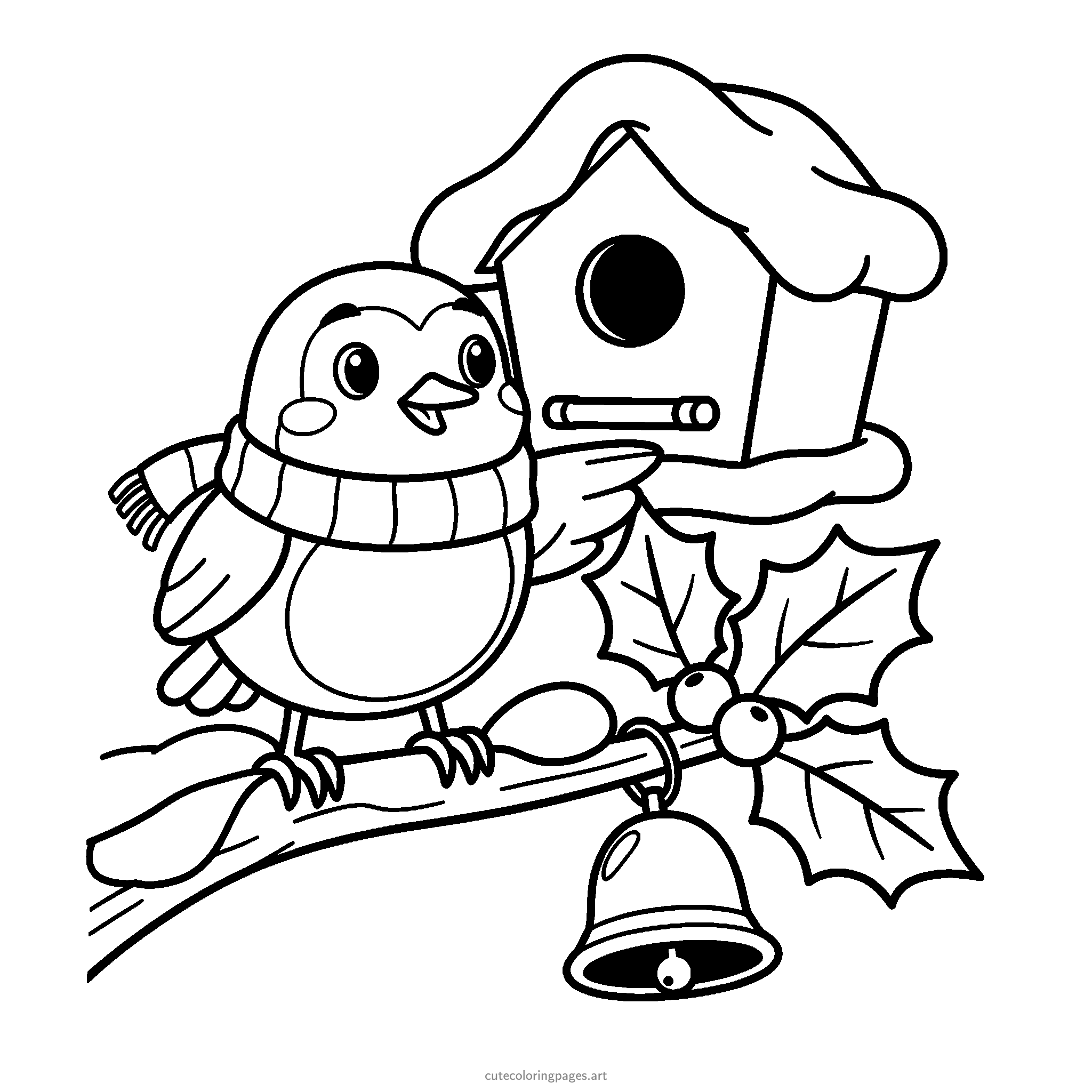 A scarf-wearing robin perches on a branch beside a hanging bell, holly berries and a snowy birdhouse. Black and white coloring page.