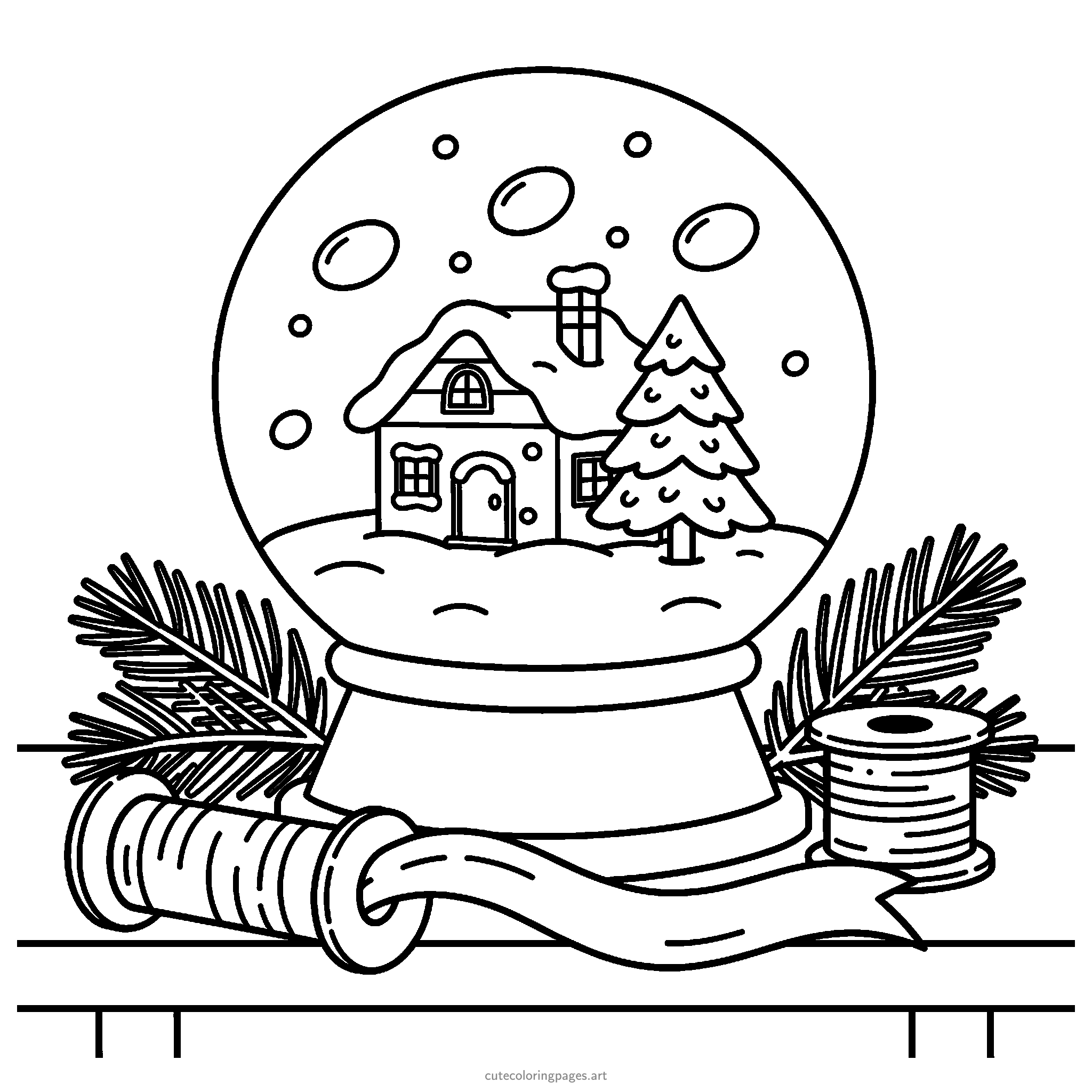 A snow globe holds a snowy cottage and fir tree on a broad pedestal. Black and white coloring page.