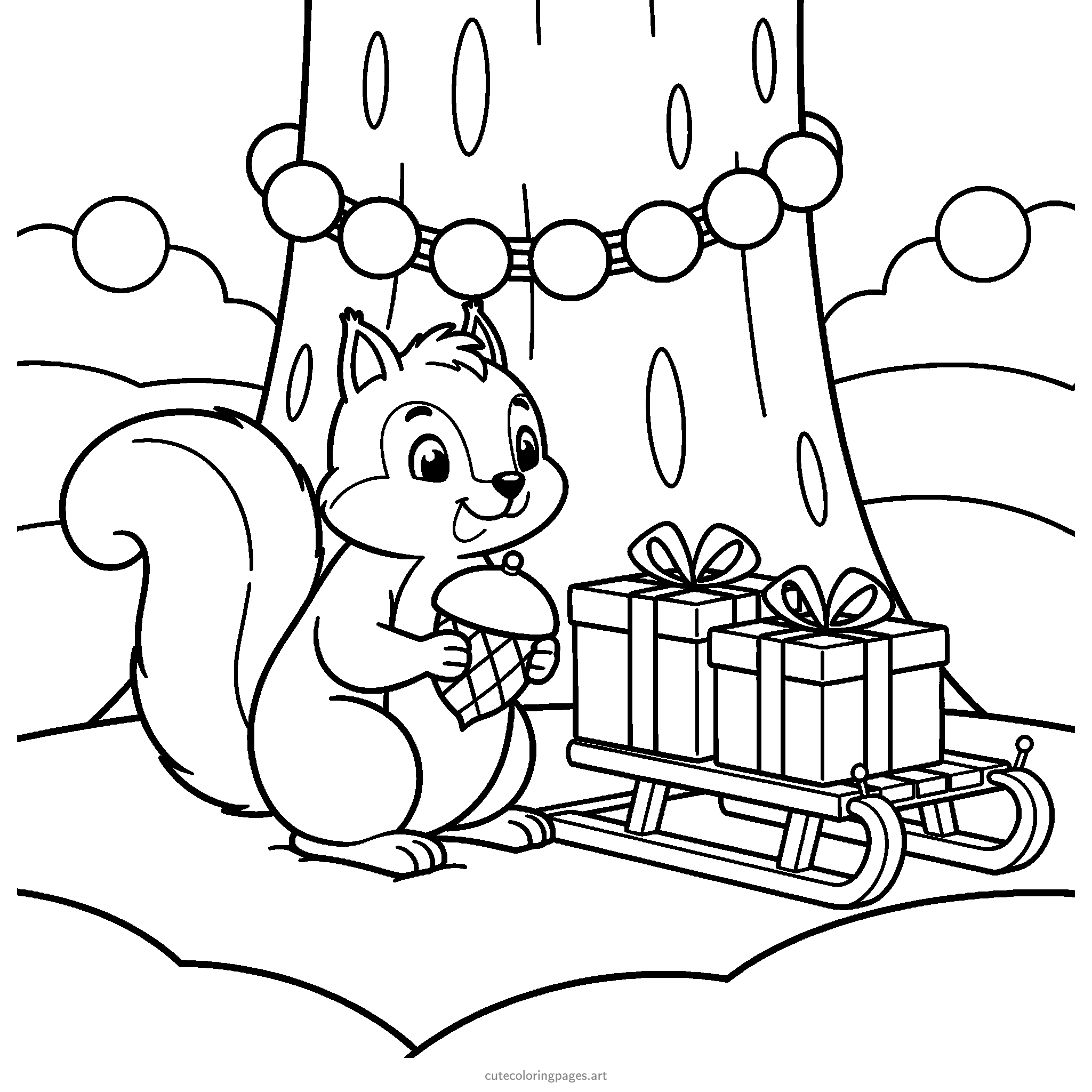 A squirrel holding an acorn stands beside a sled of Christmas gifts and a snowy tree decorated with large round baubles. Black and white coloring page.