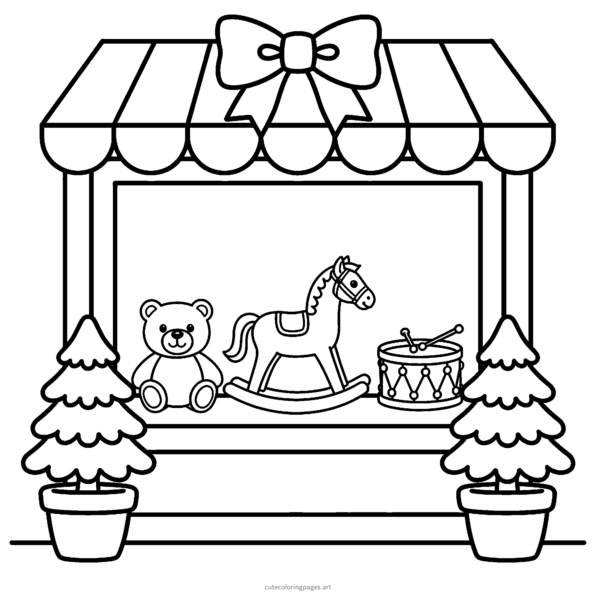 A toy shop window displays a teddy bear, rocking horse and drum beneath a striped awning and festive bow, with fir planters on either side. Black and white coloring page.