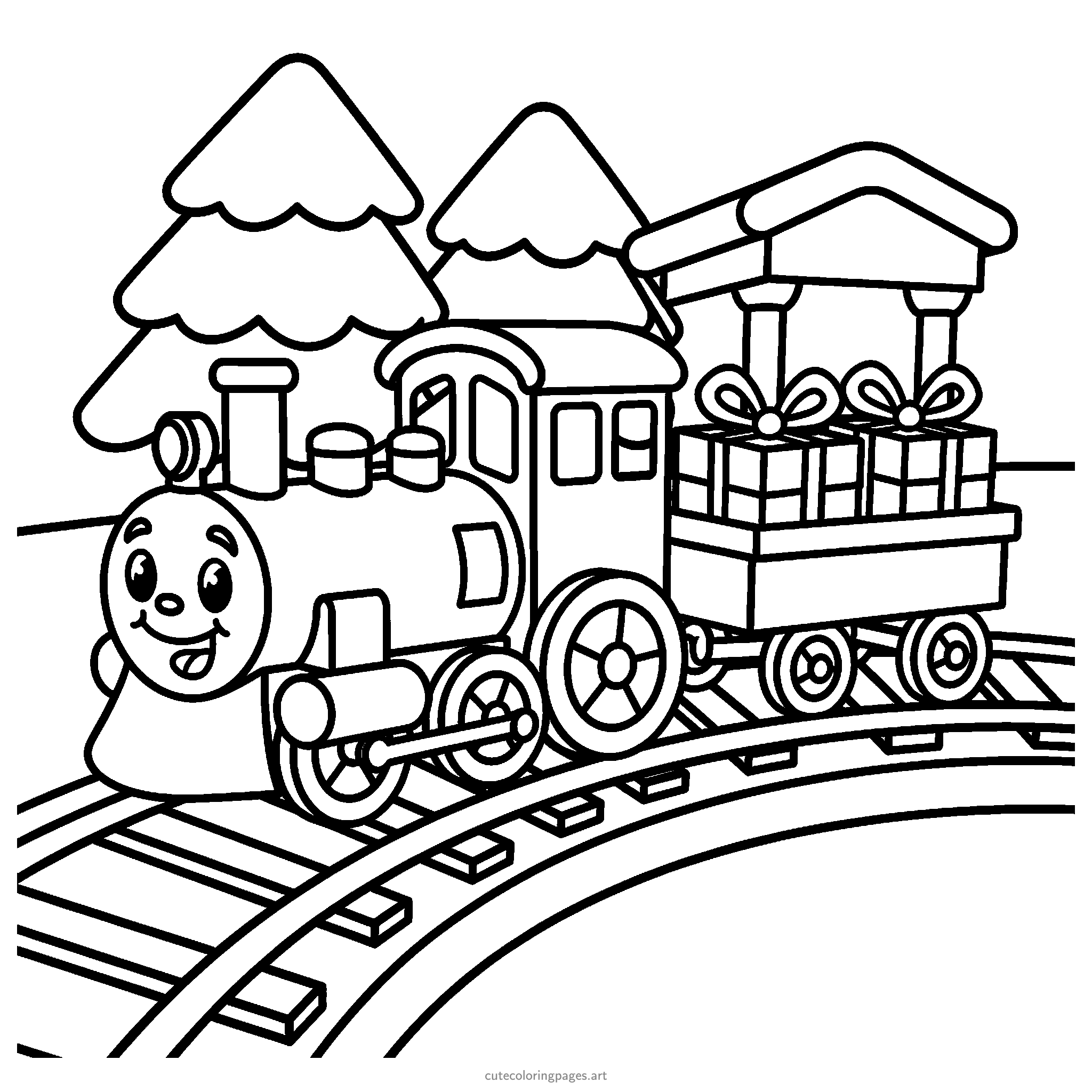 A smiling toy locomotive pulls an open carriage with two Christmas gifts along a curved snowy track beside a station. Black and white coloring page.