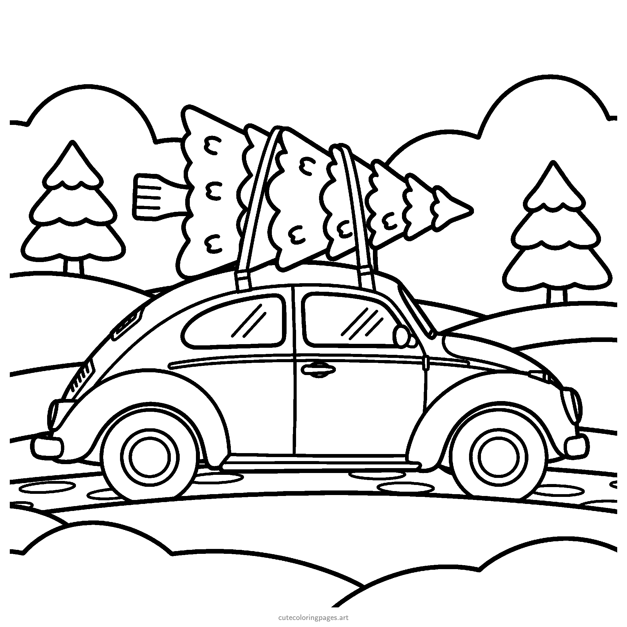 A vintage car carries a tied Christmas tree along a snowy road. Black and white coloring page.