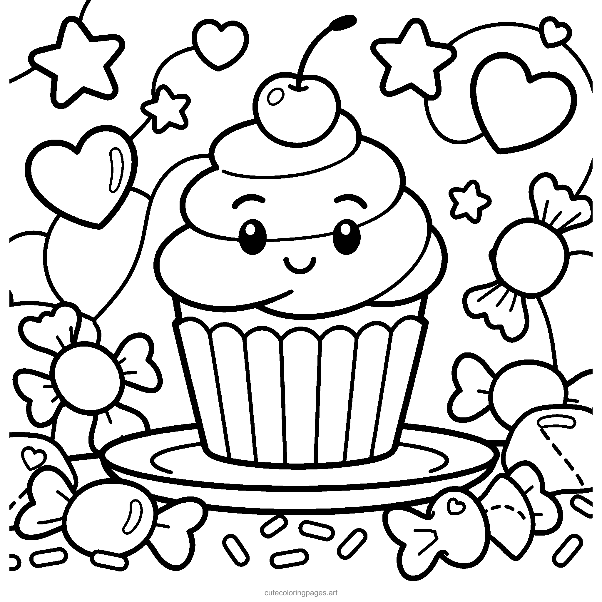 A cherry-topped cupcake with swirly frosting and a little smile. Black and white coloring page.