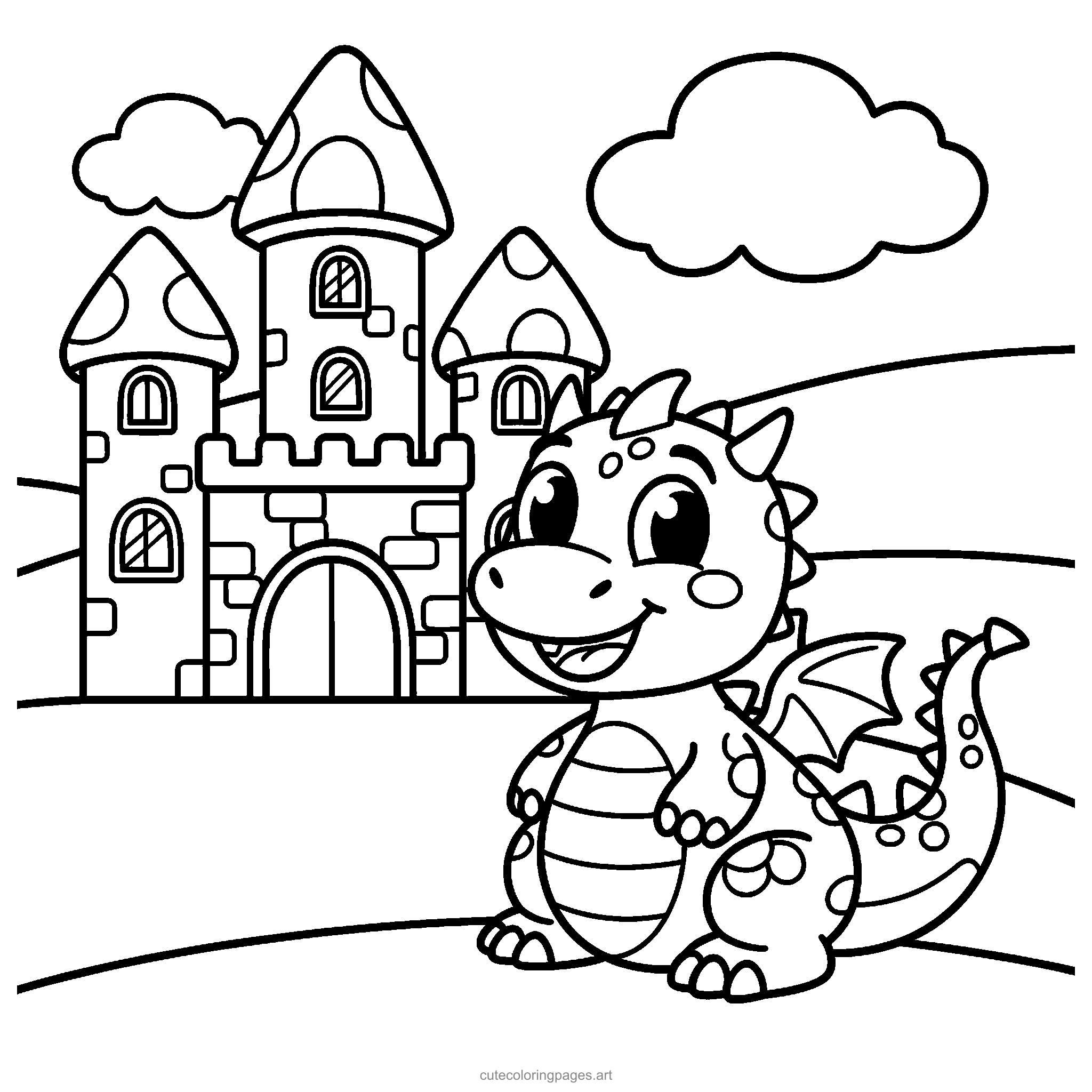 A happy little dragon sits beside a simple castle with round towers and fluffy clouds. Black and white coloring page.