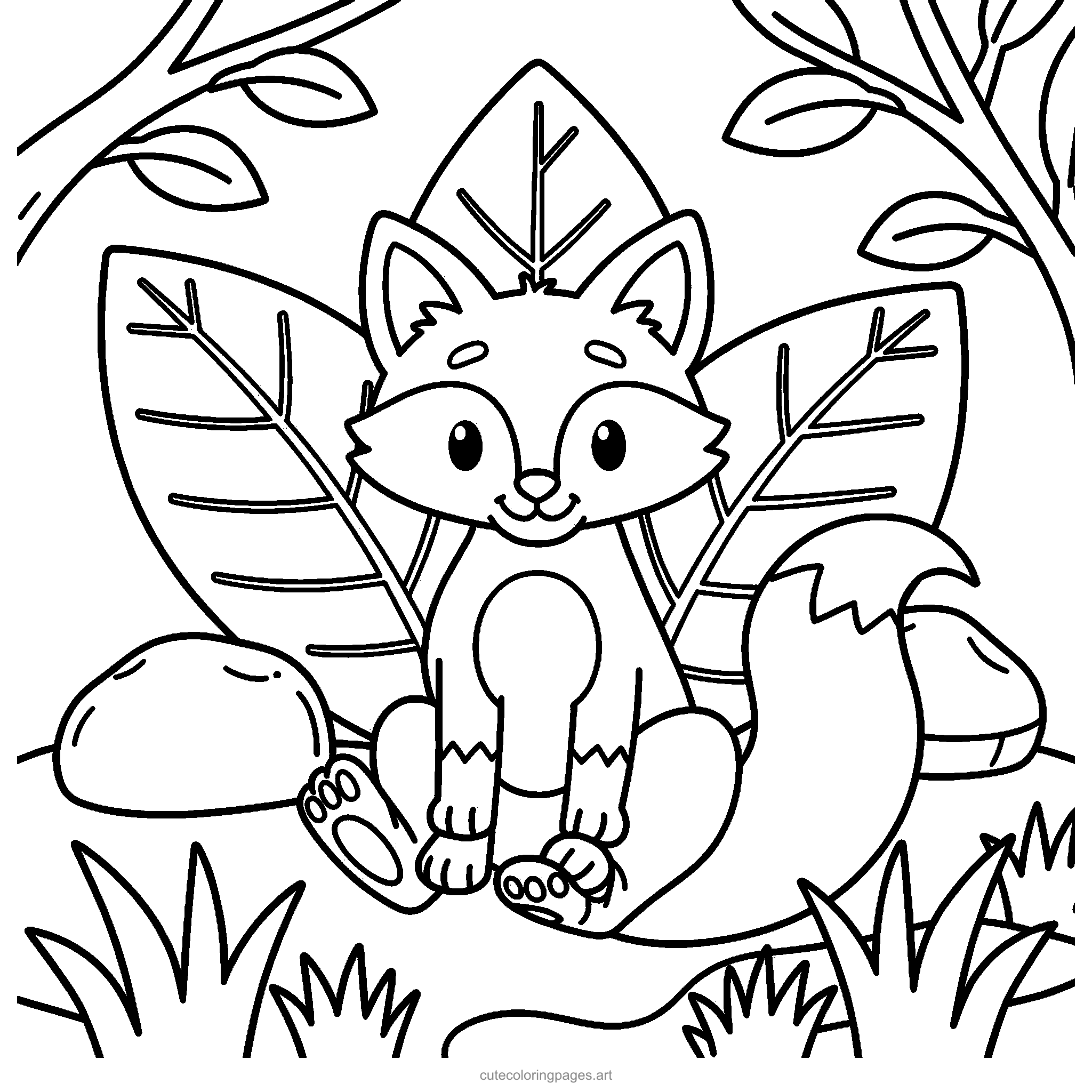 A friendly fox with a fluffy tail sits among woodland leaves. Black and white coloring page.