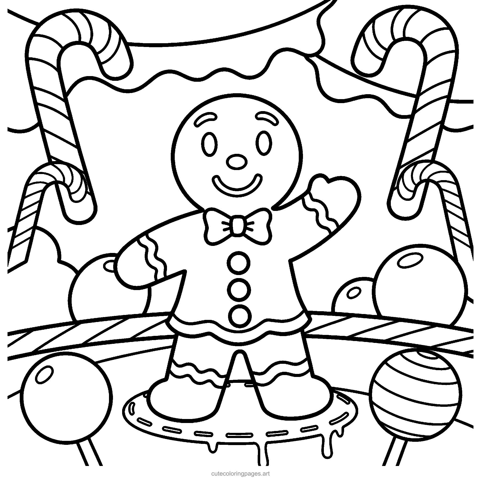 A smiling gingerbread friend wears a bow and three round buttons. Black and white coloring page.