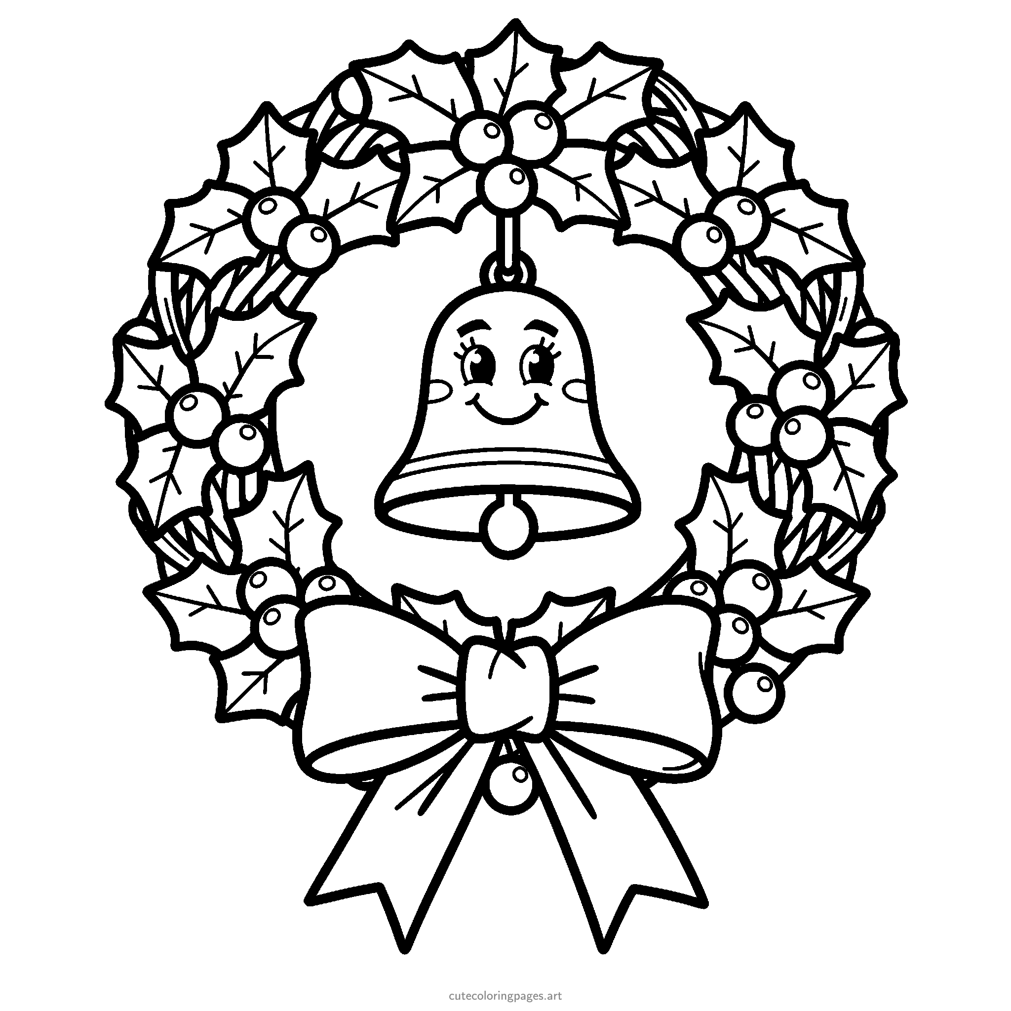 A circular holly wreath surrounds a bell, with round berries and a broad ribbon bow. Black and white coloring page.