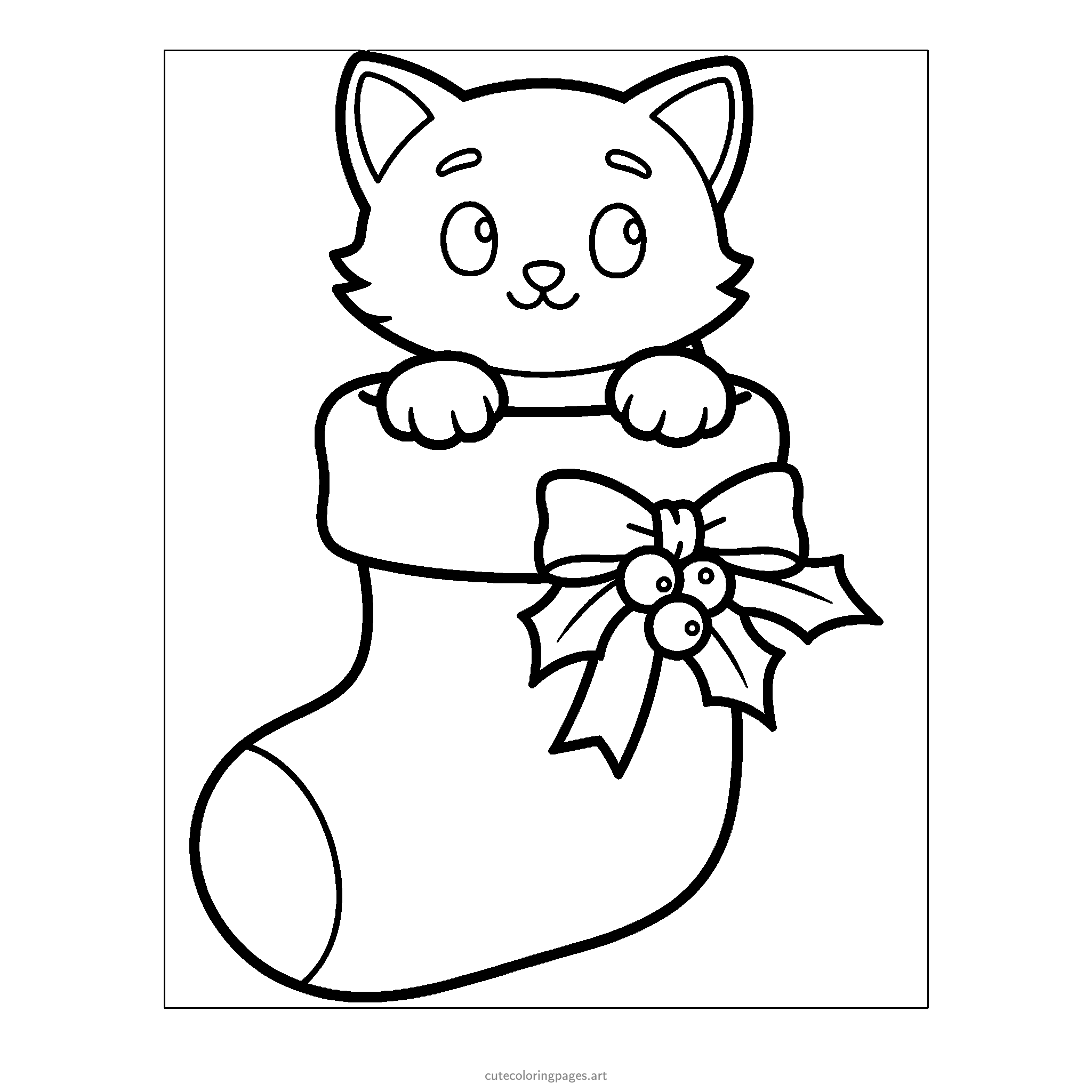 A kitten peeks over the rim of a Christmas stocking decorated with a ribbon bow and holly. Black and white coloring page.
