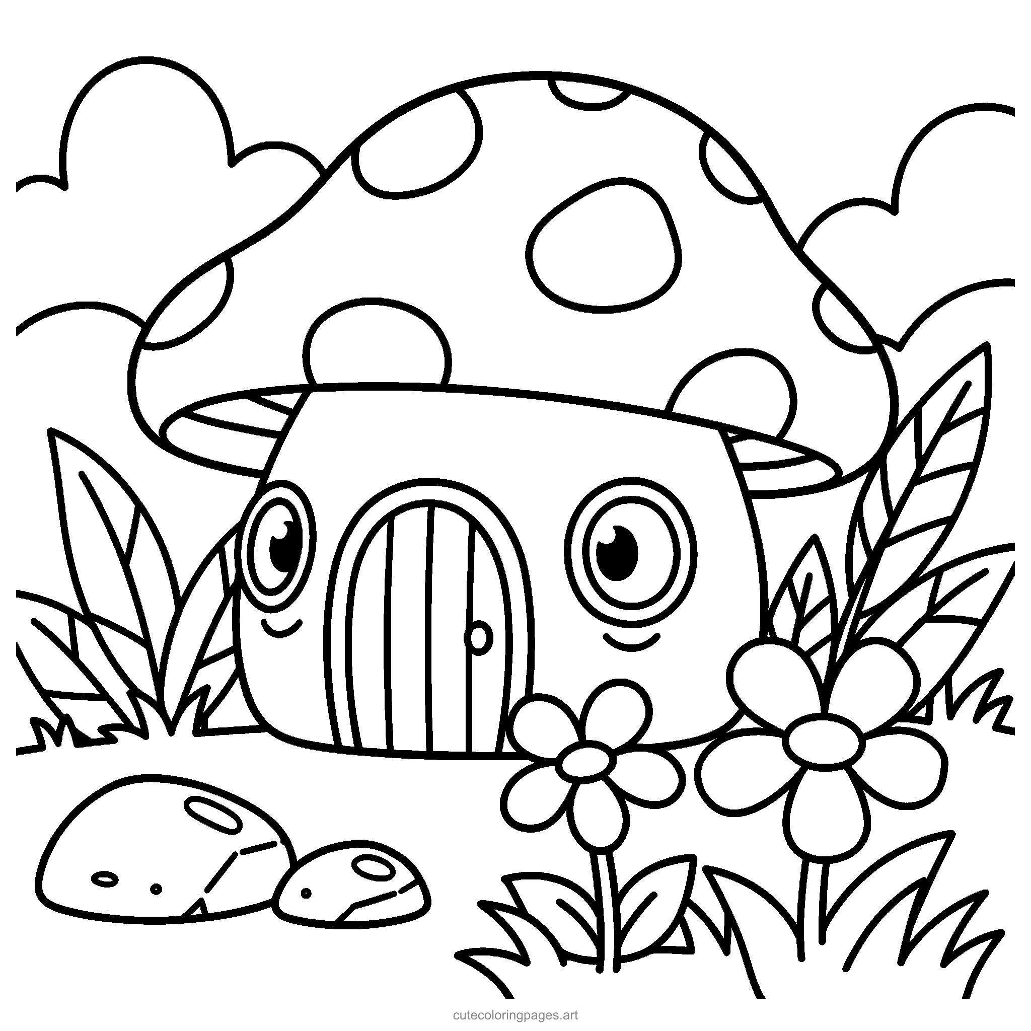 A spotted mushroom house with a little door and round windows. Black and white coloring page.