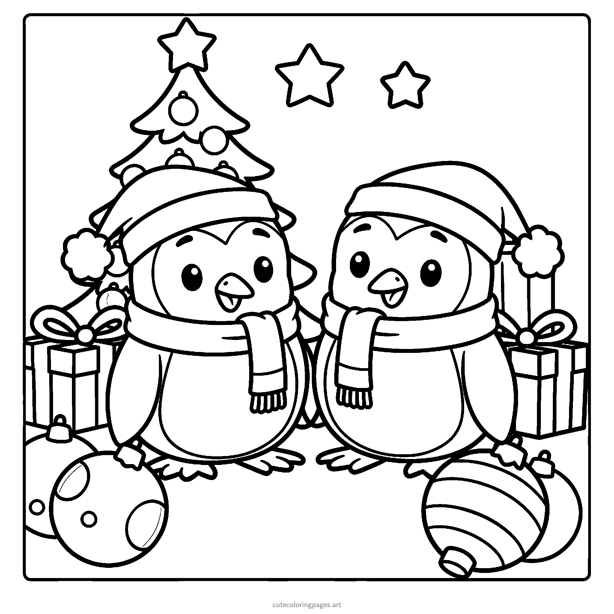 Two penguins wear Santa hats and scarves beside a decorated Christmas tree with stars above. Black and white coloring page.