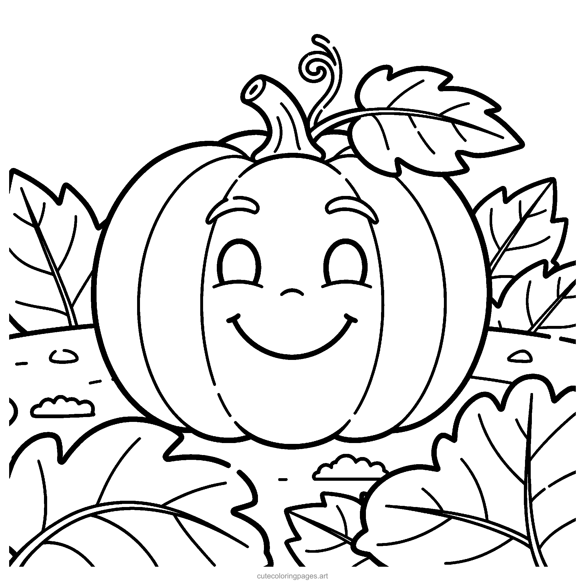 A round autumn pumpkin with a curly vine and a friendly face. Black and white coloring page.