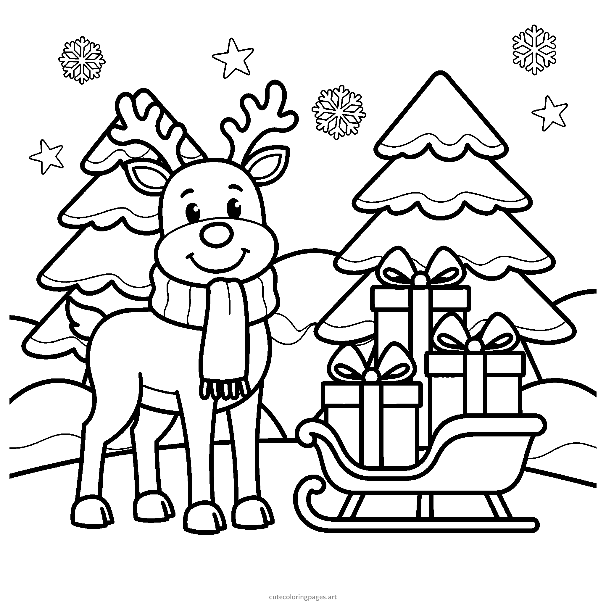 A scarf-wearing reindeer stands beside a sleigh of wrapped gifts and snow-covered fir trees. Black and white coloring page.