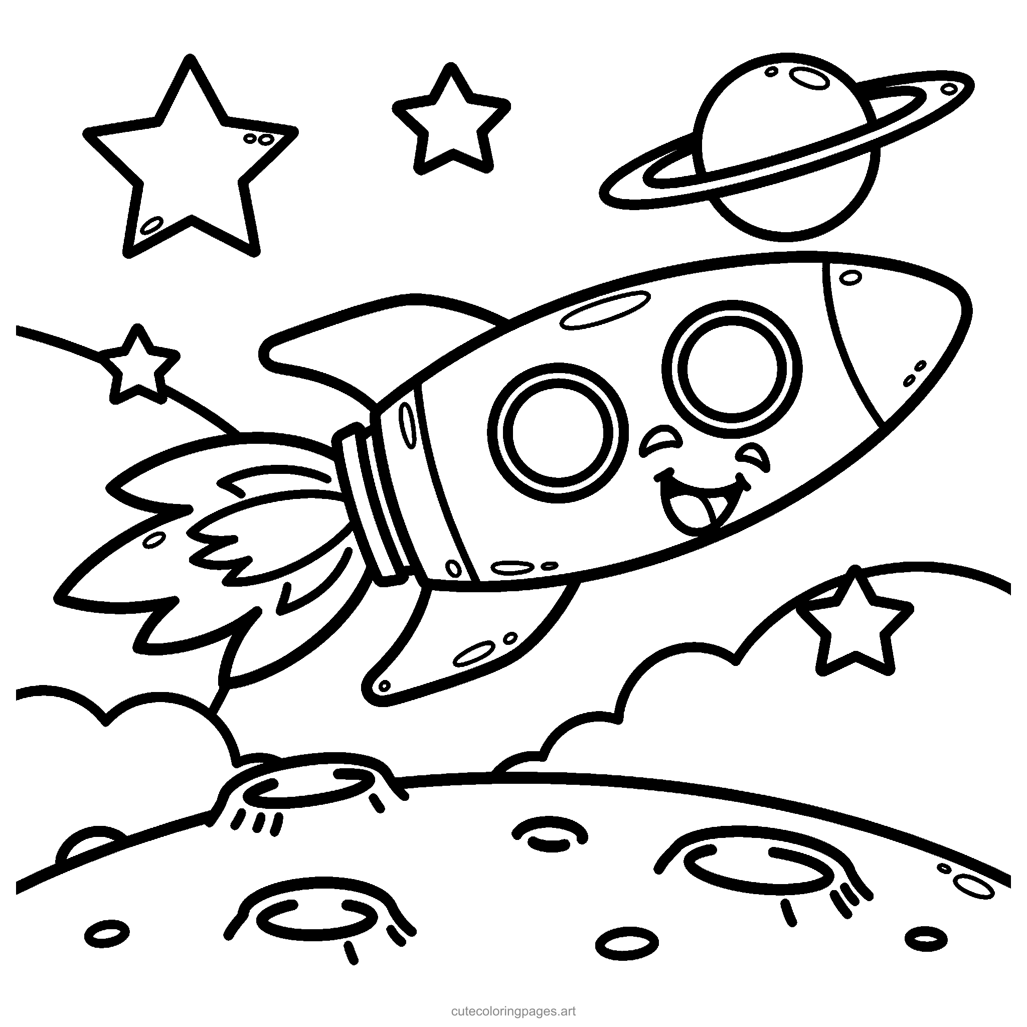 A round-windowed rocket flies past stars and a tiny ringed planet. Black and white coloring page.