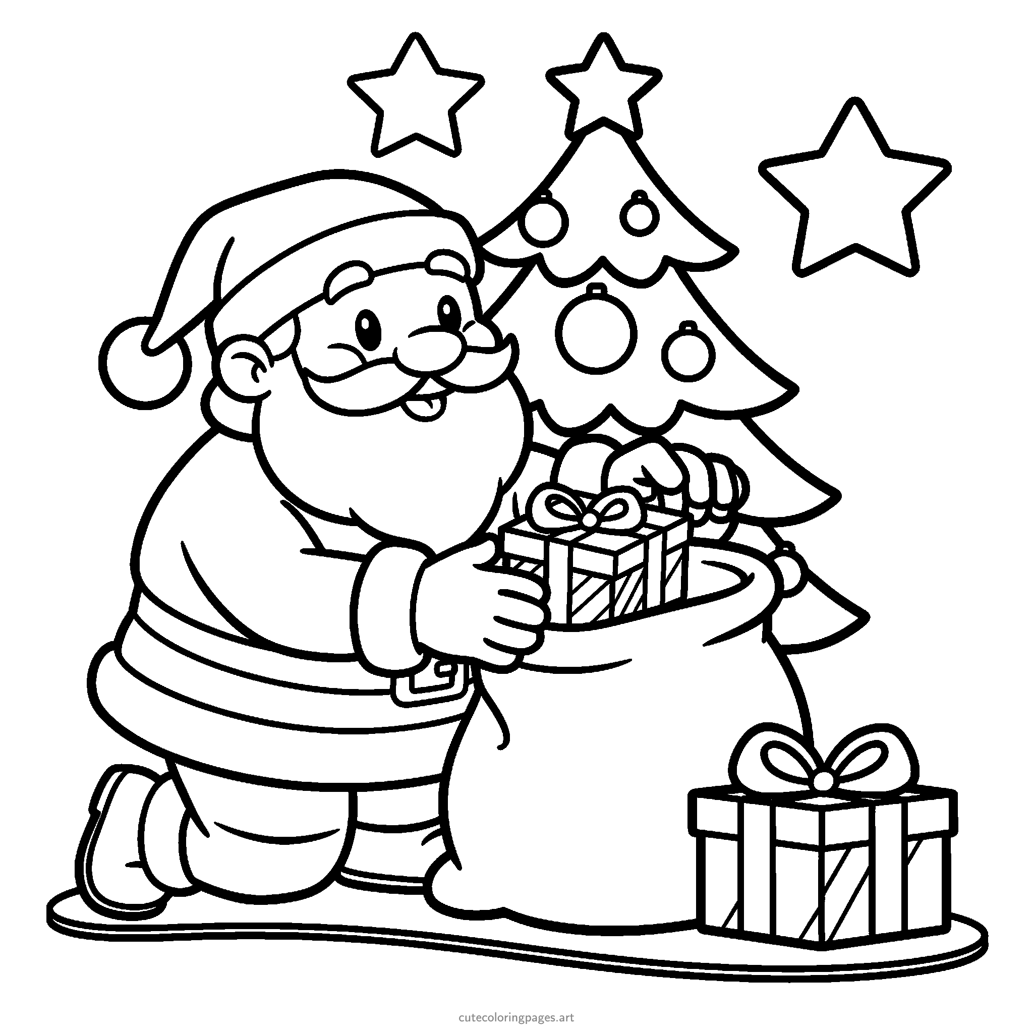 Santa kneels beside a gift sack and a decorated tree, surrounded by wrapped presents and stars. Black and white coloring page.
