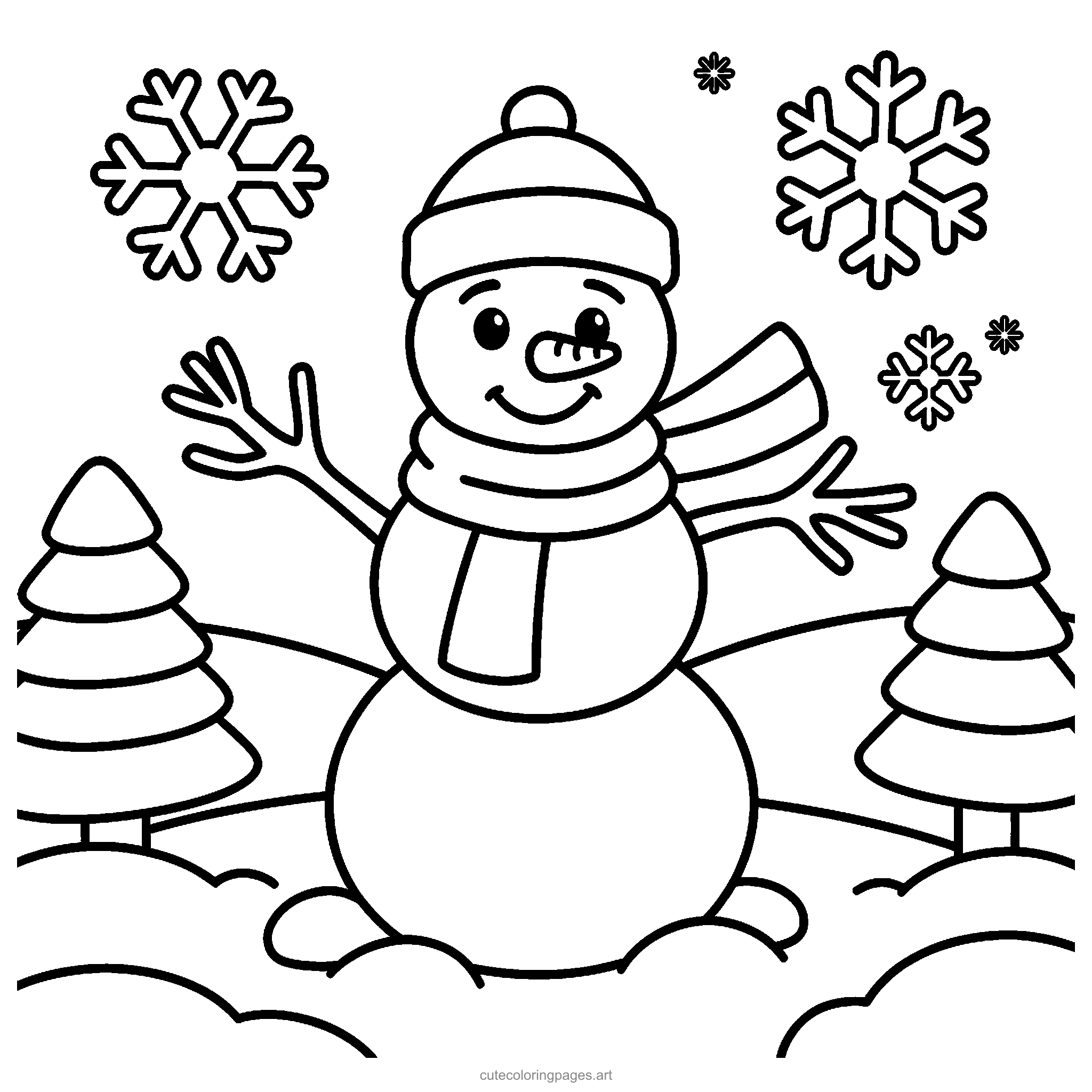 A smiling snowman wears a scarf and hat among snowflakes and snowy fir trees. Black and white coloring page.
