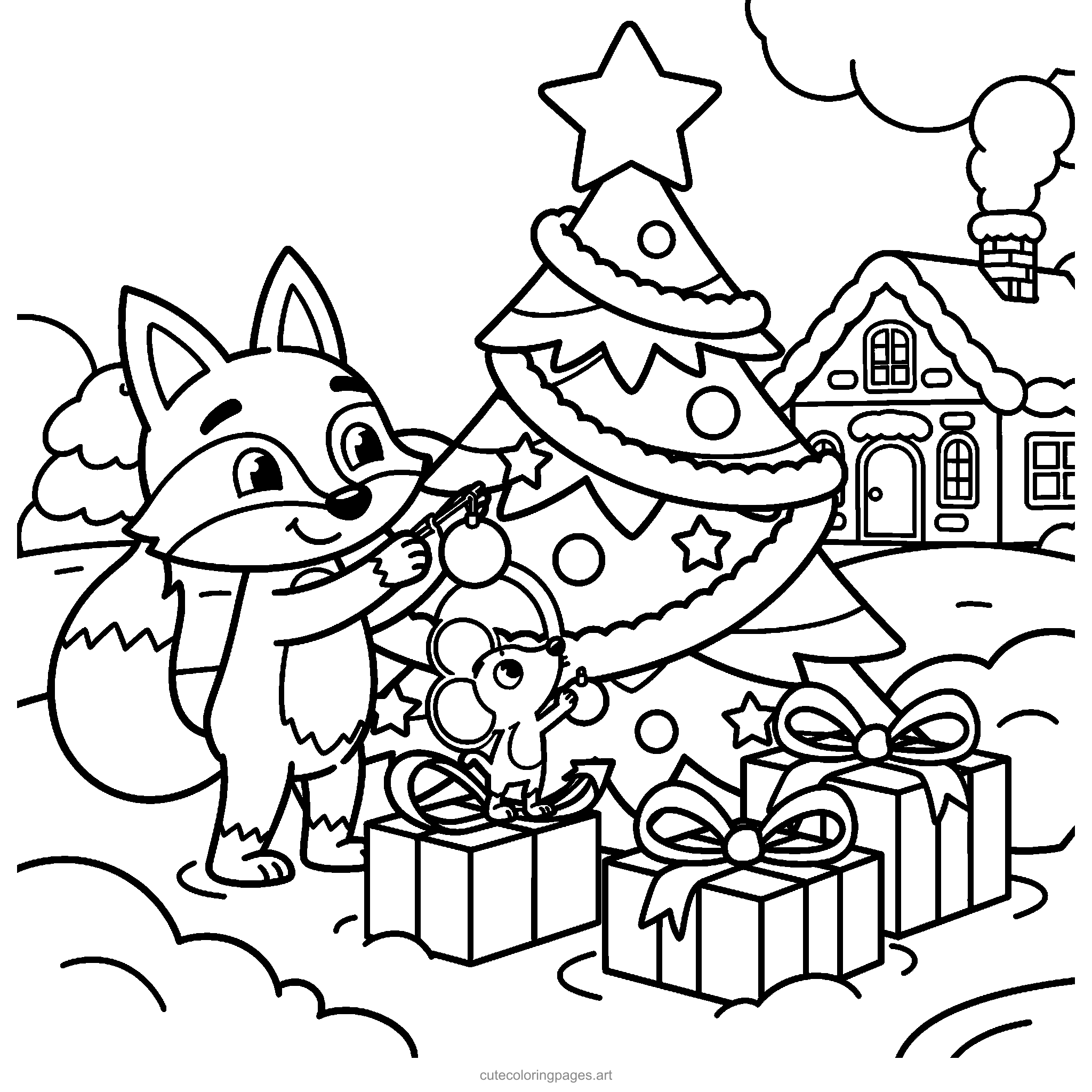 A friendly fox and mouse decorate a large Christmas tree beside gifts and a cozy cottage. Black and white coloring page.