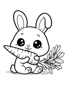 a black and white coloring page of a cute and cheerful bunny holding a carrot