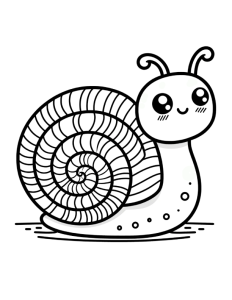 a black and white coloring page of a cute and cheerful snail