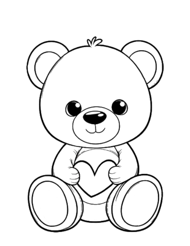 a black and white coloring page of a cute teddy bear holding a heart